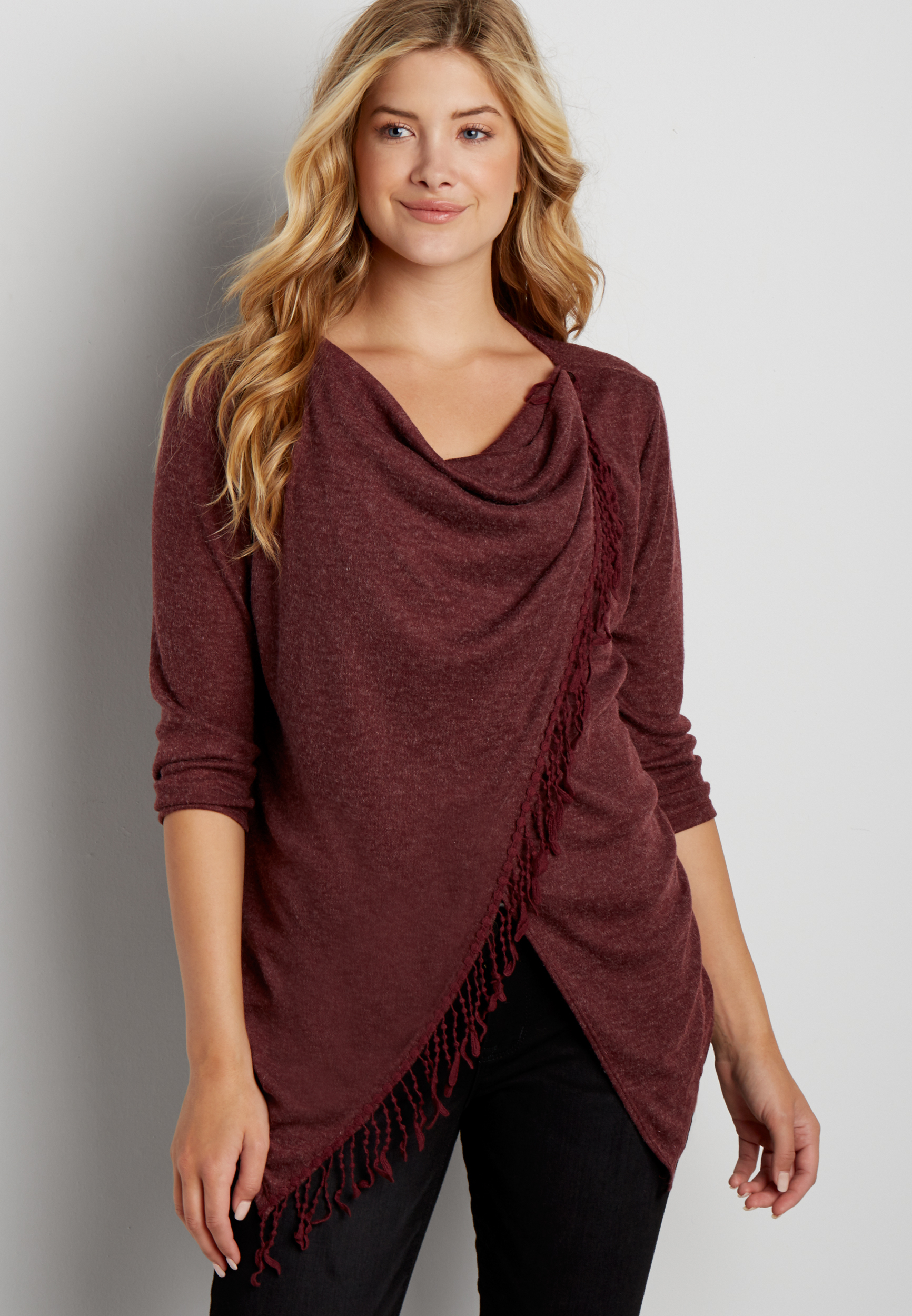 cardigan with asymmetrical button front and crocheted fringe | maurices
