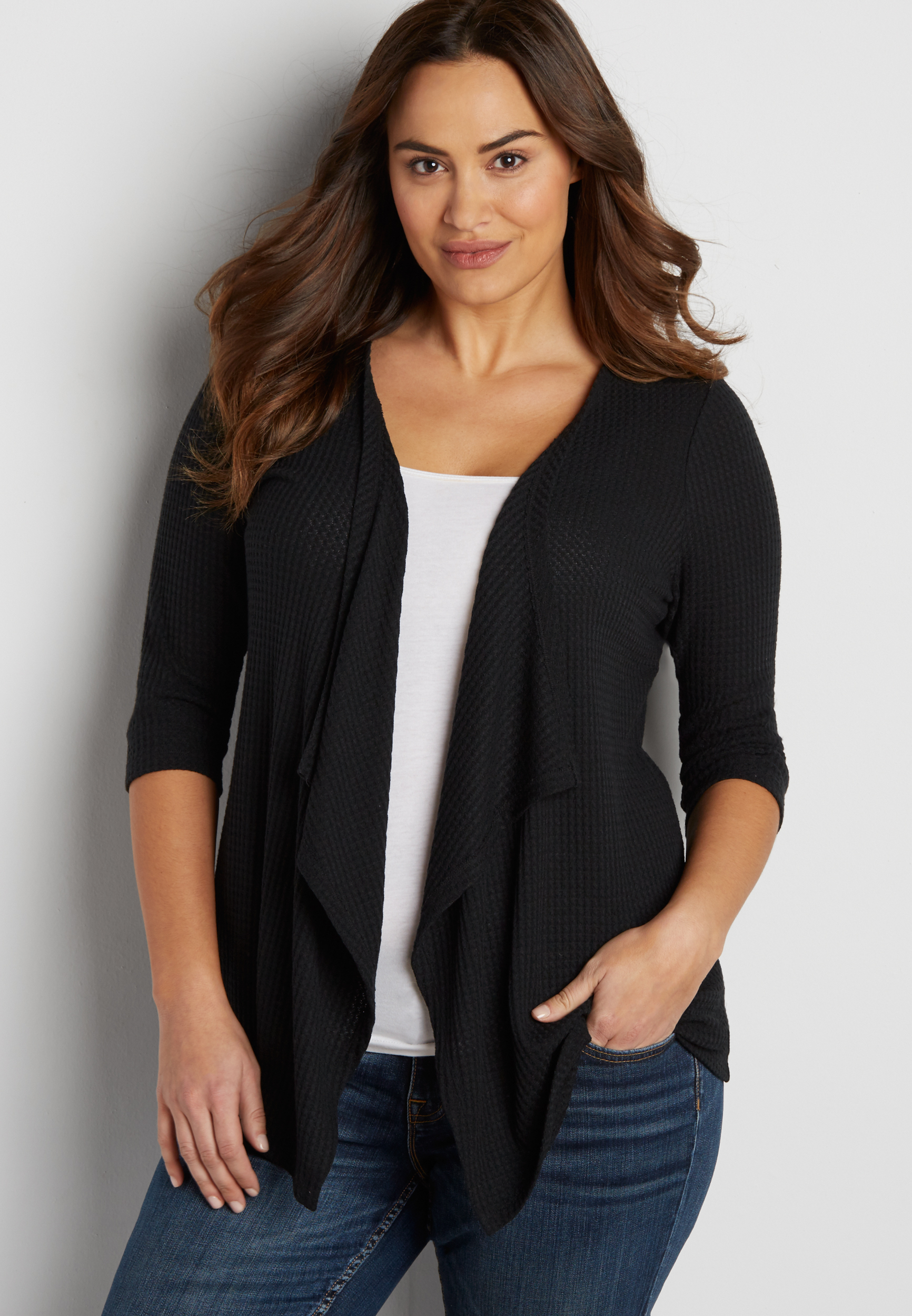 plus size waffle knit cardigan with crocheted back | maurices