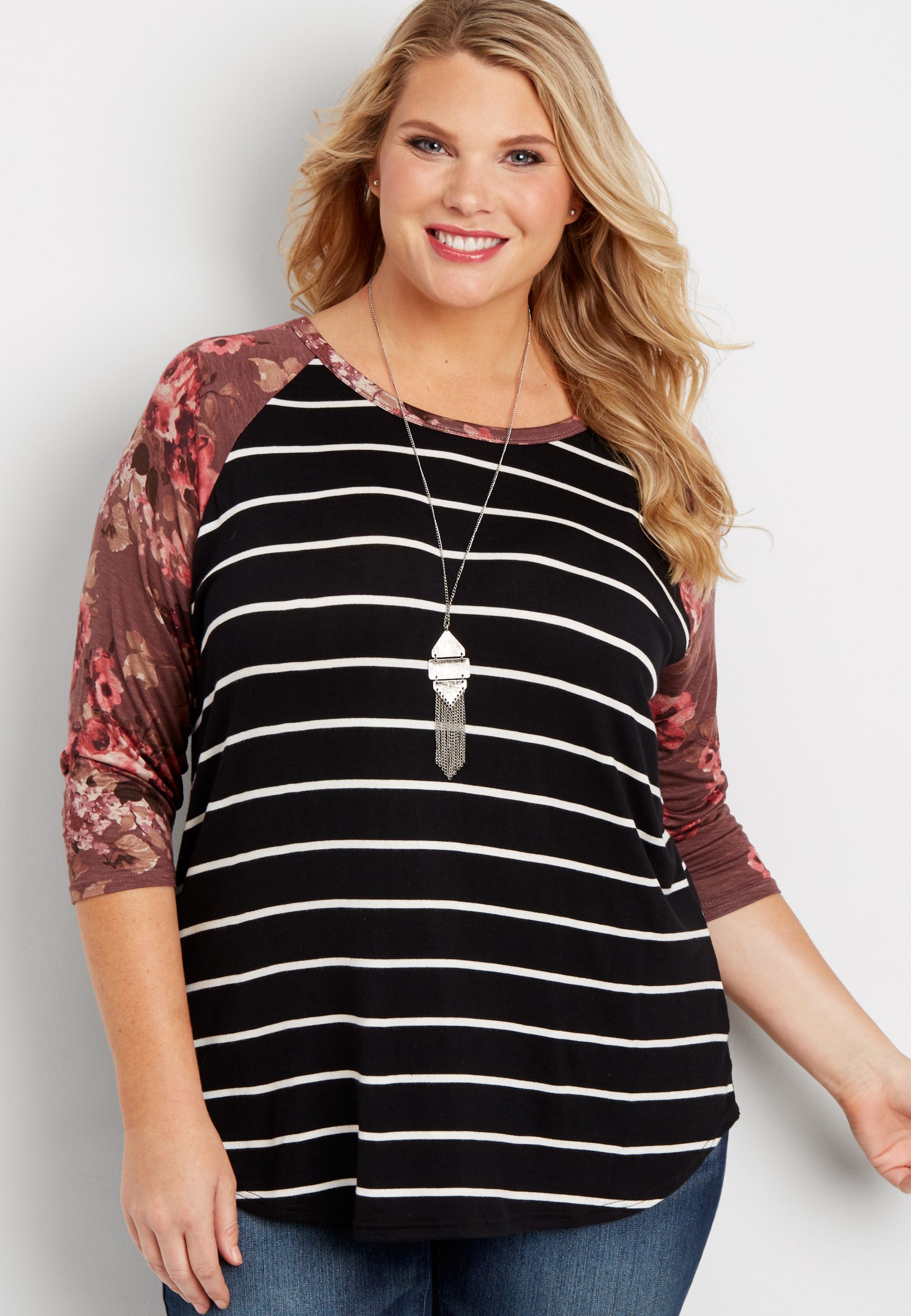 the 24/7 plus size striped baseball tee with floral print sleeves ...