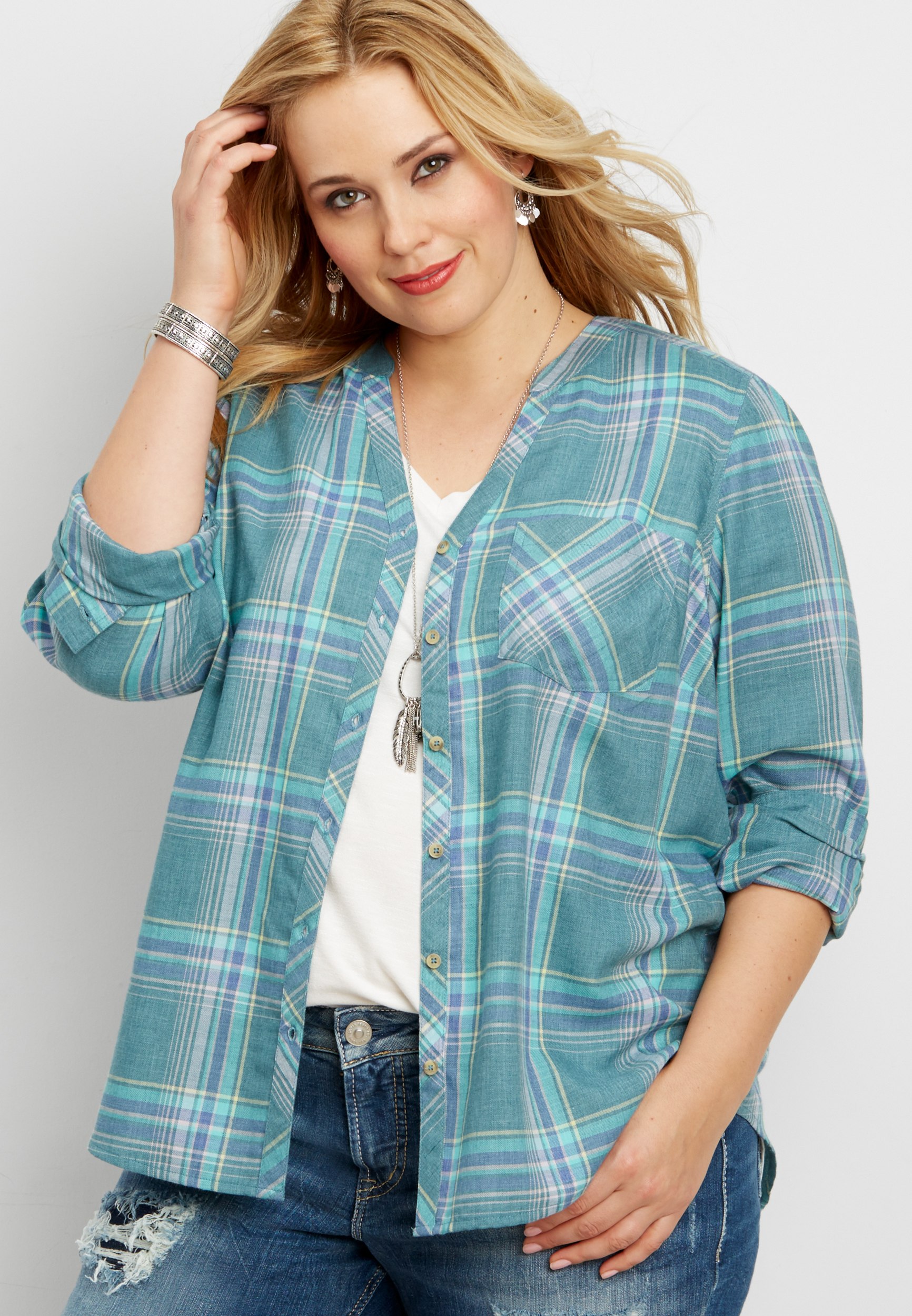 plus size button down plaid shirt with button down back | maurices