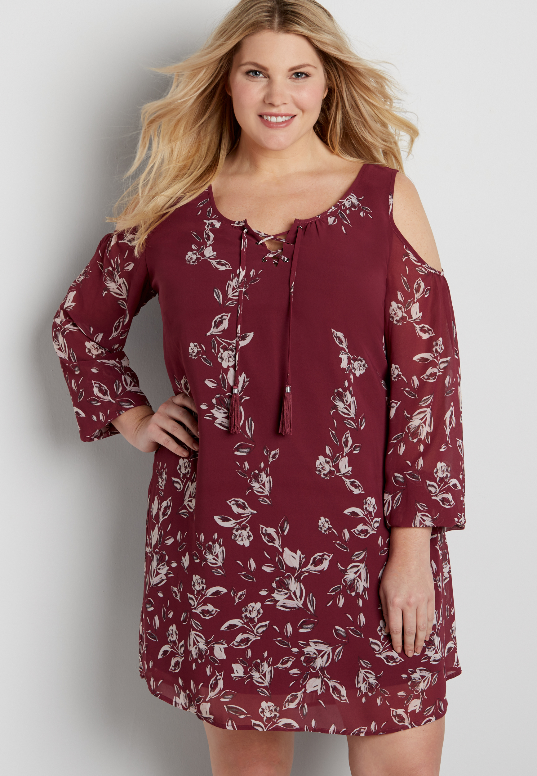 plus size peasant dress in floral print with cold shoulders | maurices