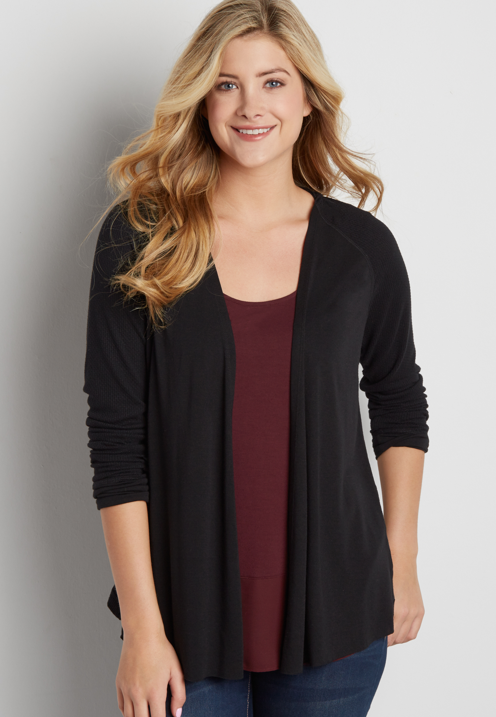 lightweight hooded cardigan with waffle knit detail | maurices