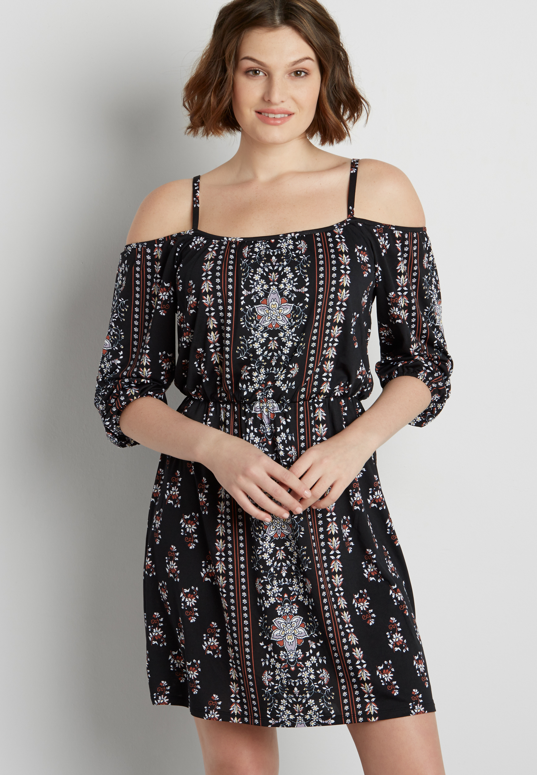 patterned cold shoulder dress | maurices