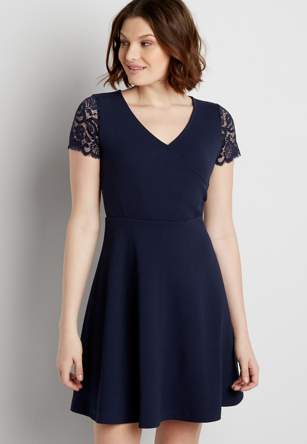 textured wrap front dress with short lace sleeves | maurices