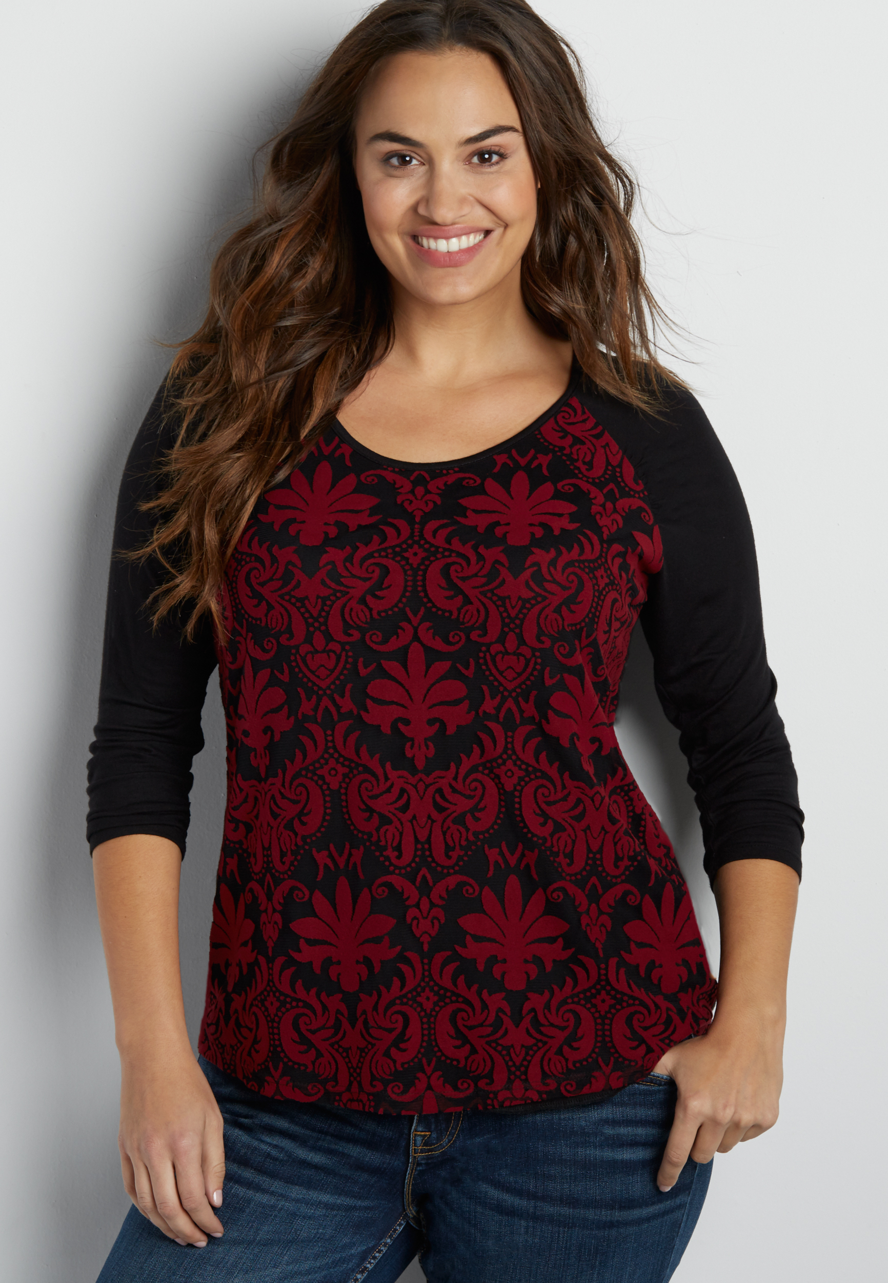 plus size top with velvety patterned overlay | maurices