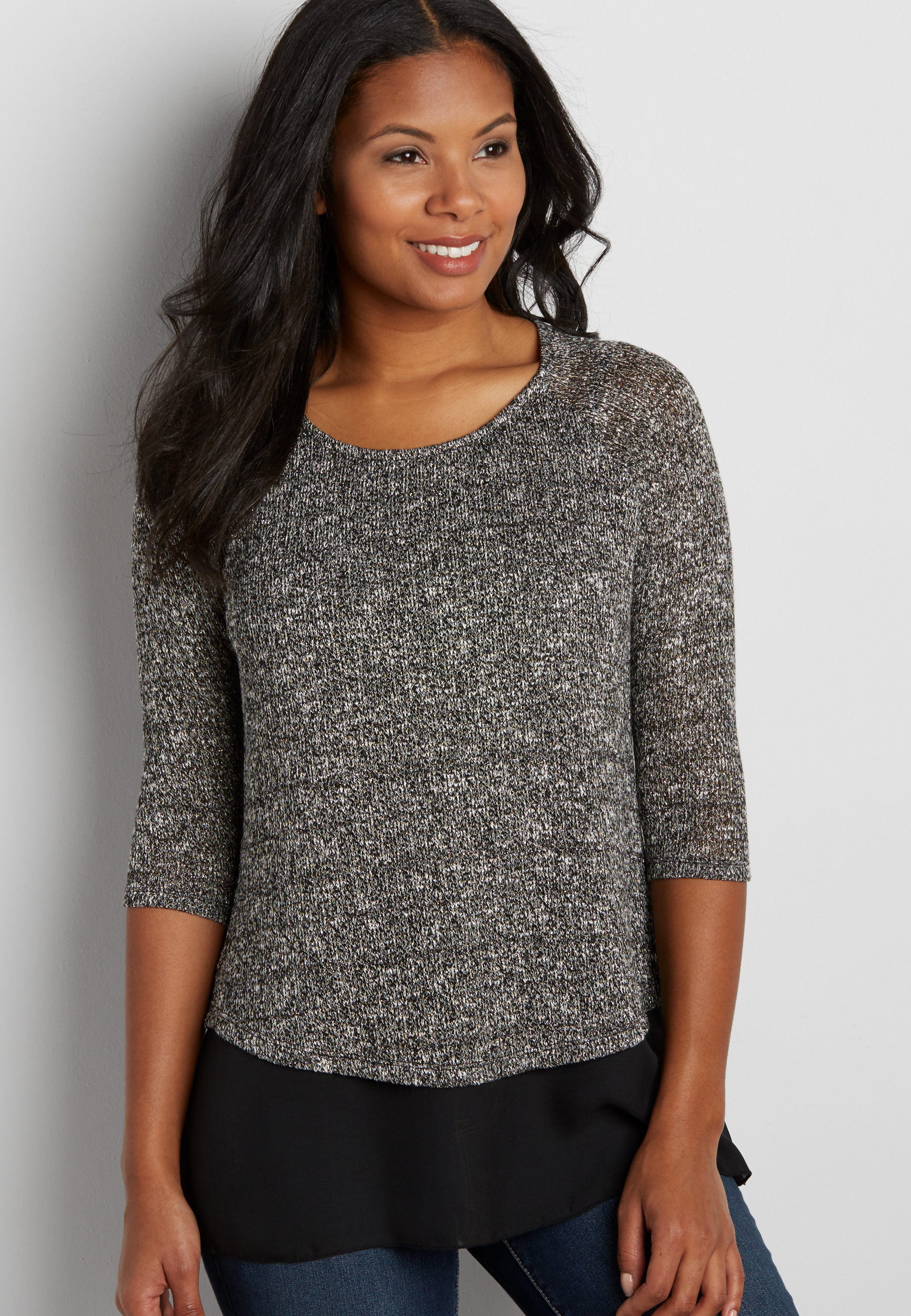 pullover sweater with chiffon hem and metallic shimmer | maurices