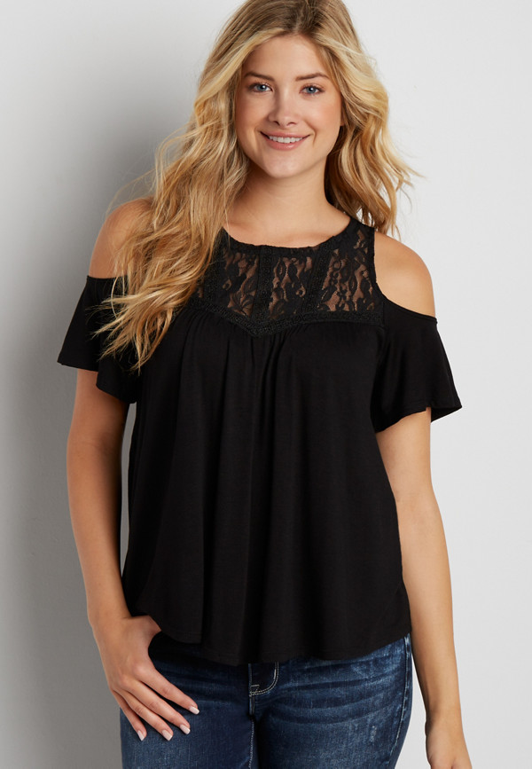 cold shoulder tee with lace yoke | maurices