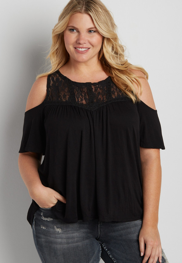 plus size cold shoulder tee with lace yoke | maurices