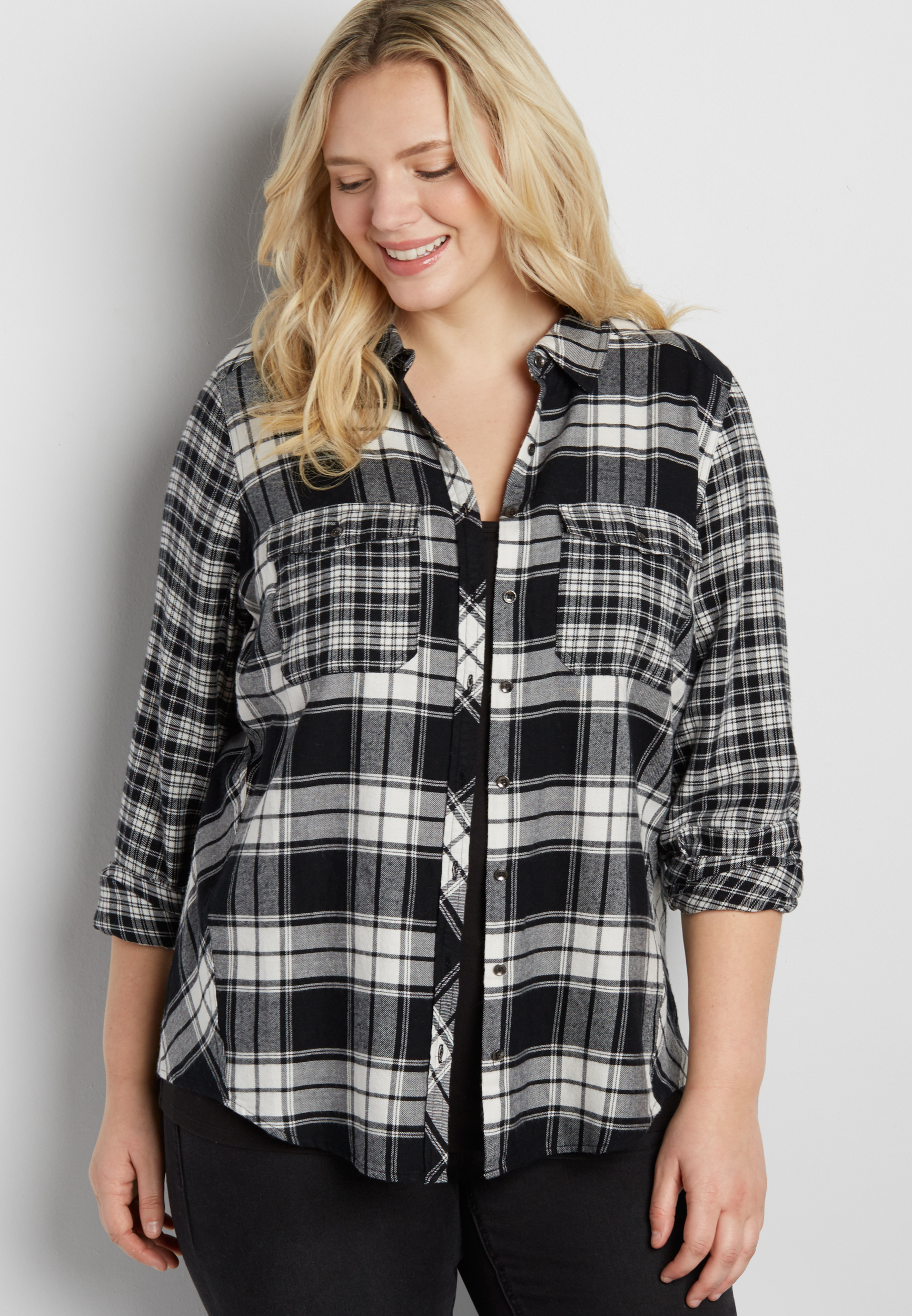 plus size button down flannel shirt in black and white | maurices