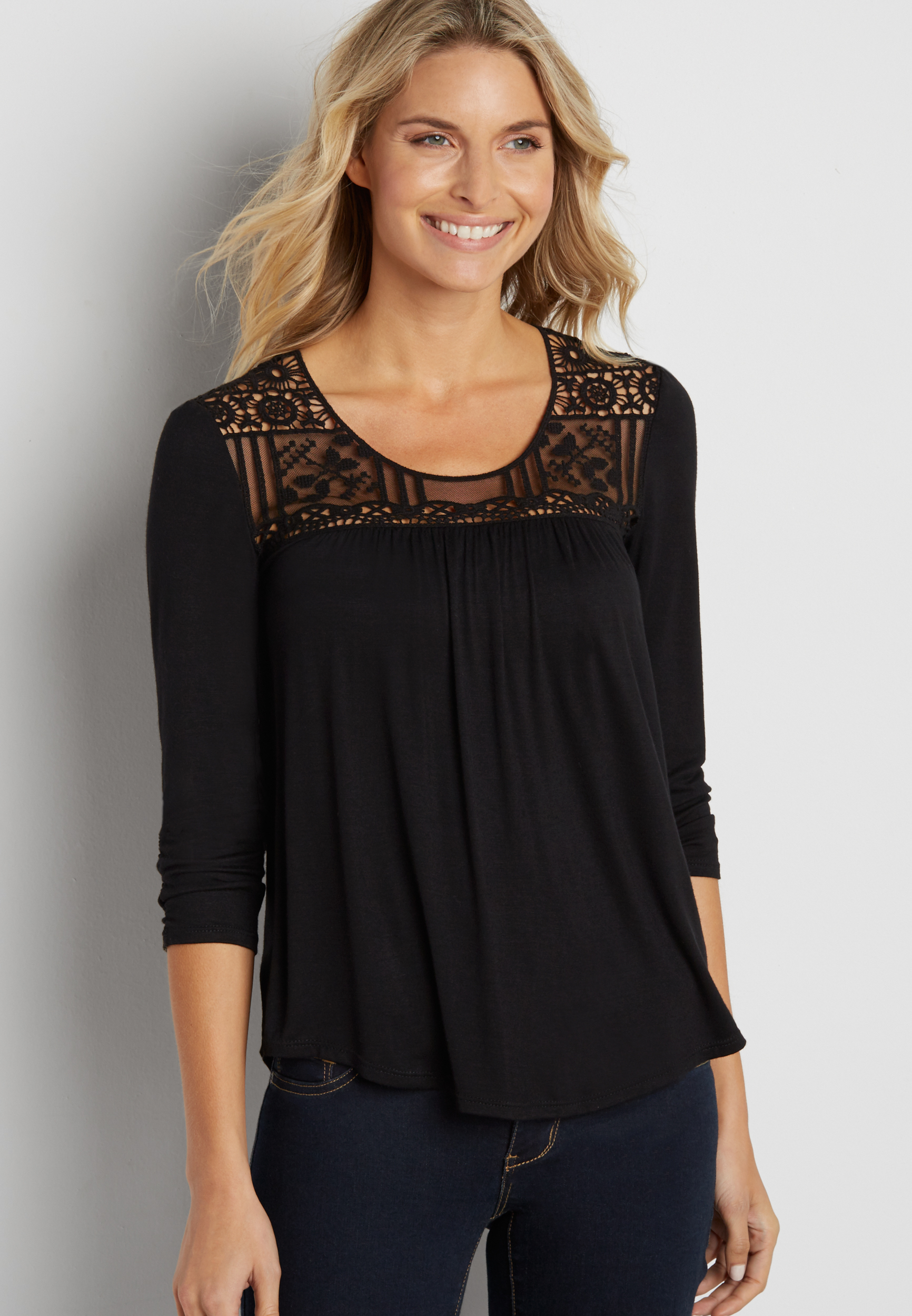 tee with crocheted yoke and button down back | maurices