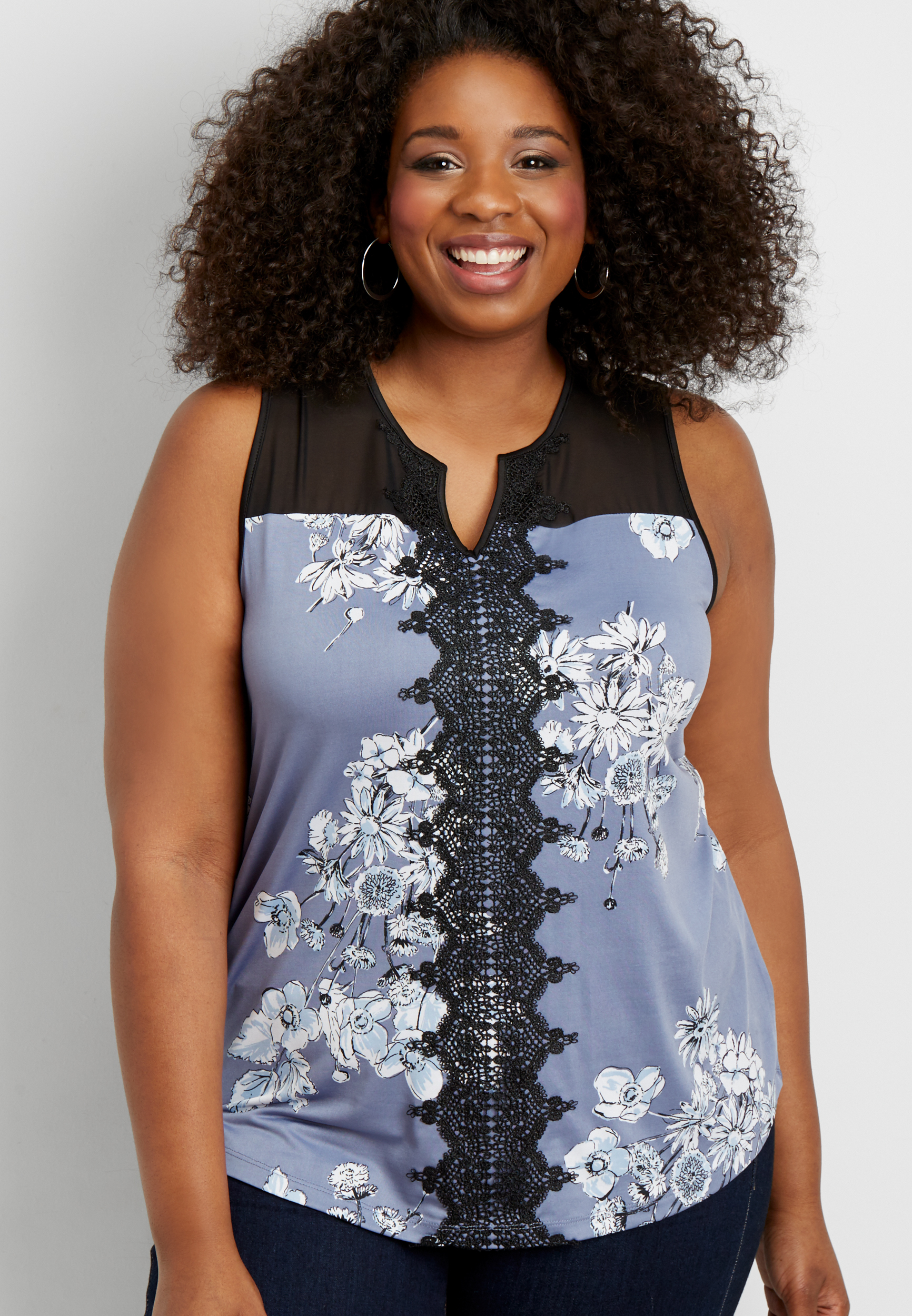 plus size floral print tank with chiffon yoke and crochet | maurices