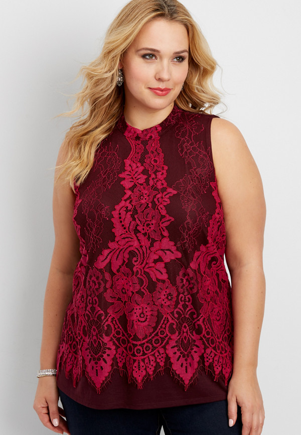 plus size knit tank with contrast lace overlay and high neckline | maurices