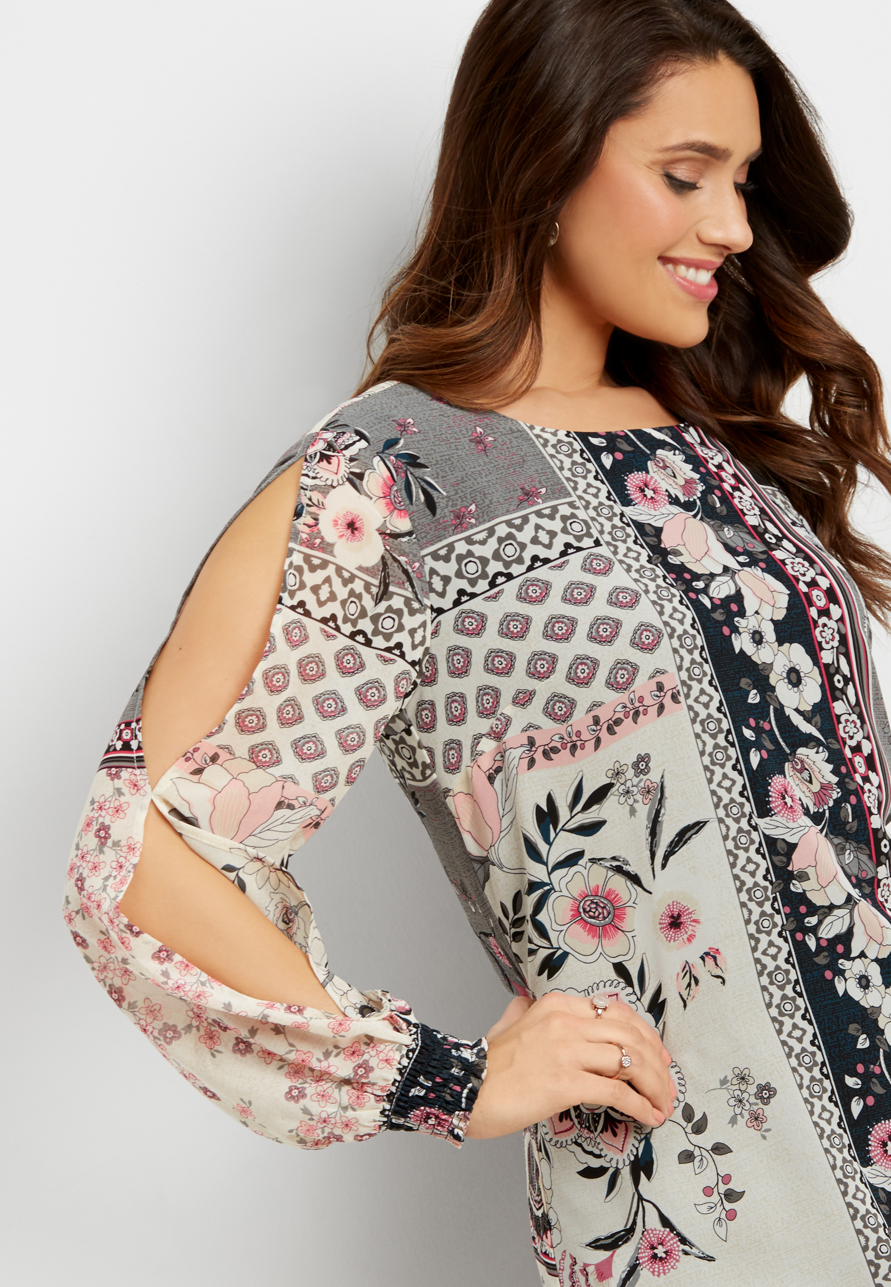 chiffon shift dress in floral bandana print with slit sleeves | maurices