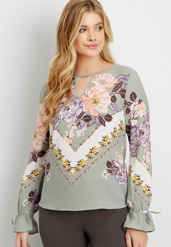 floral print blouse with cut out neckline | maurices