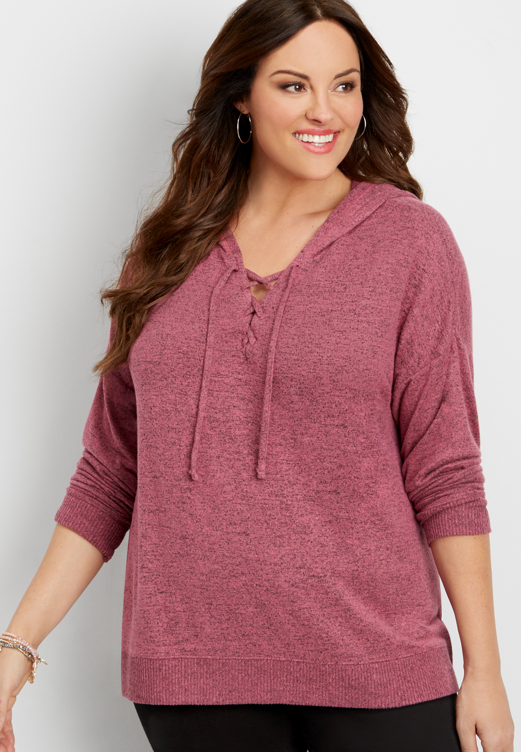 Plus Size Ultra Soft Pullover Hooded Sweatshirt With Lace Up Neckline 