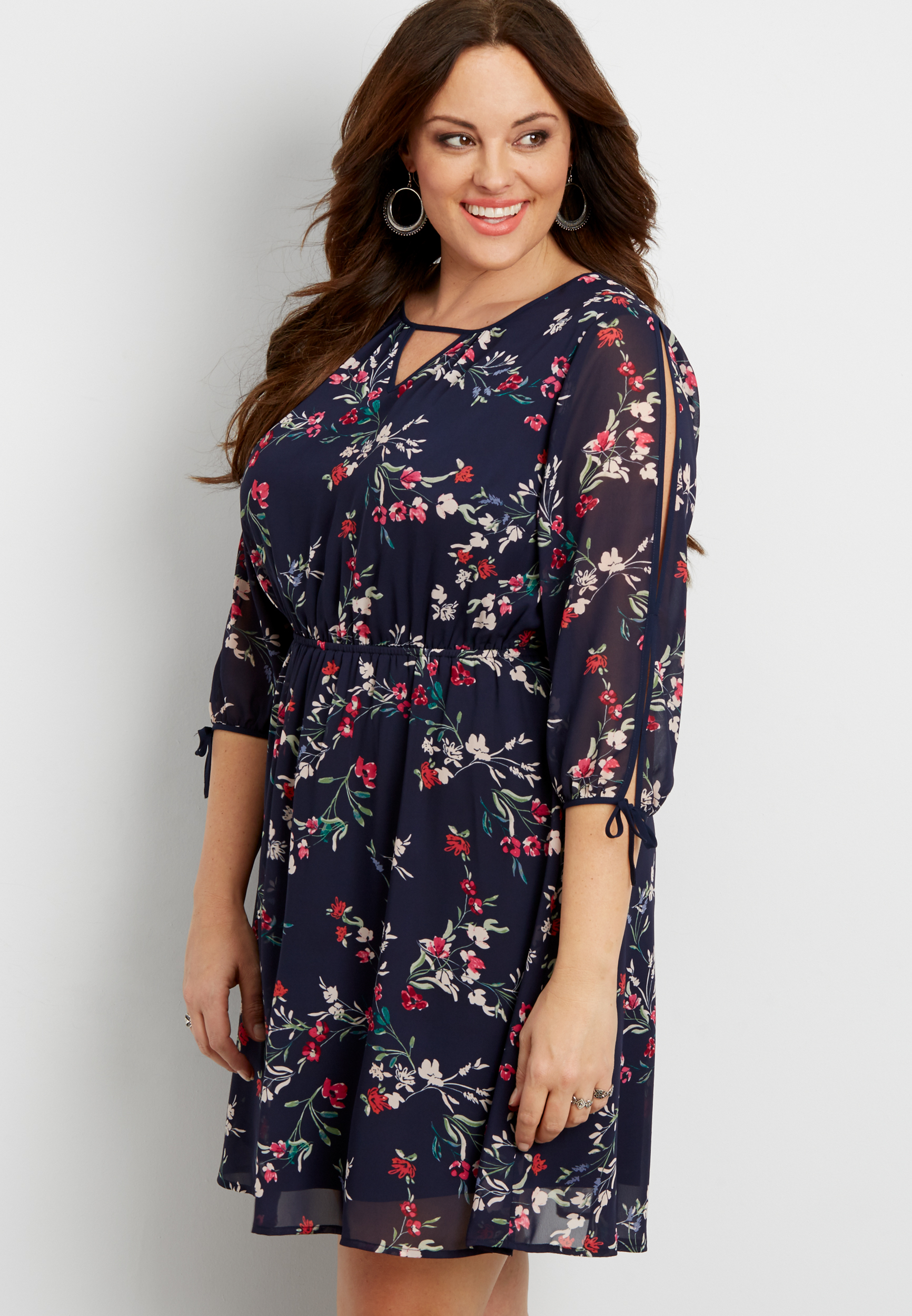 plus size floral chiffon dress with cut out neck and cold shoulders ...