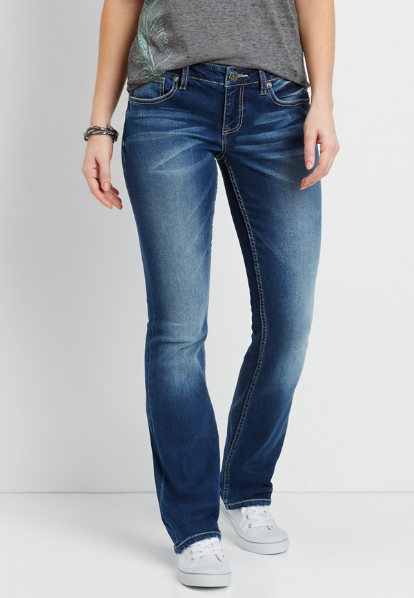 DenimFlex™ sandblasted dark wash bootcut jeans with whiskering | maurices