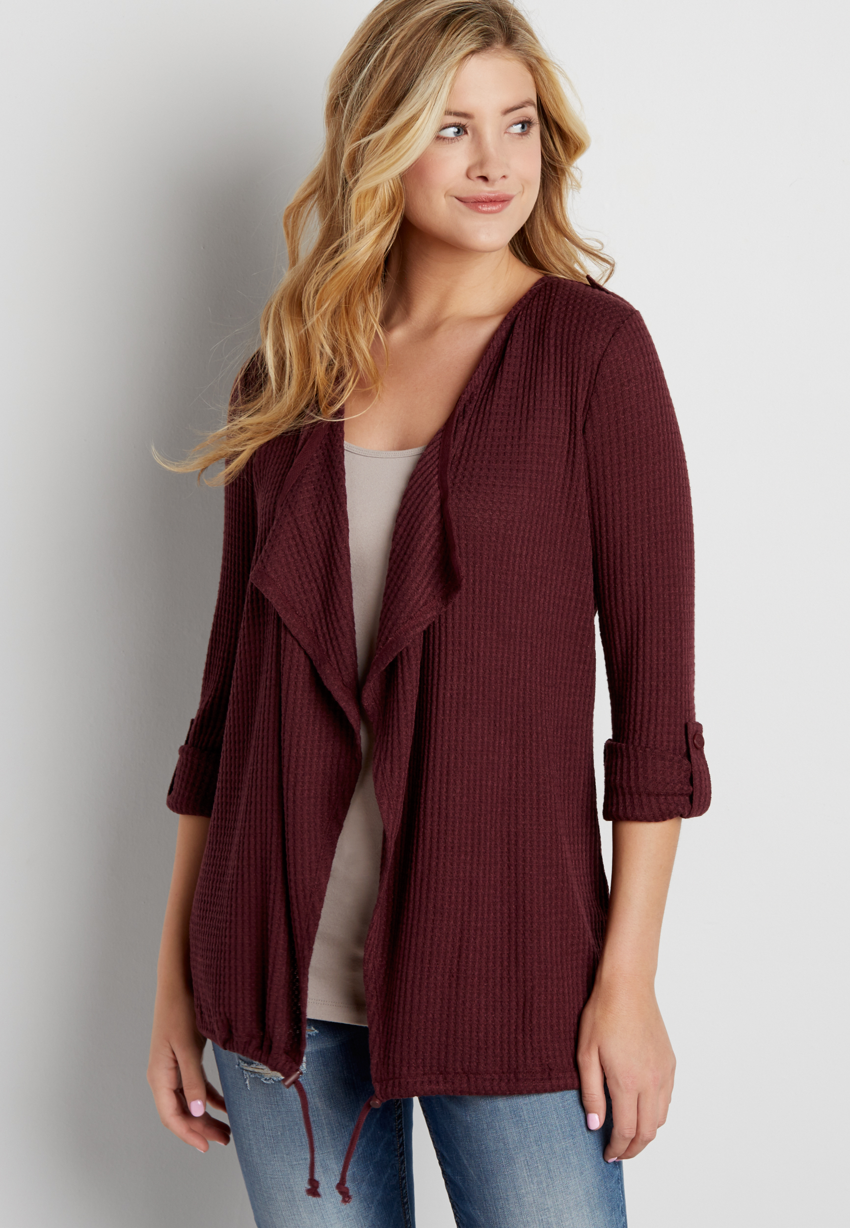 waffle knit cardigan with drawstring hem | maurices