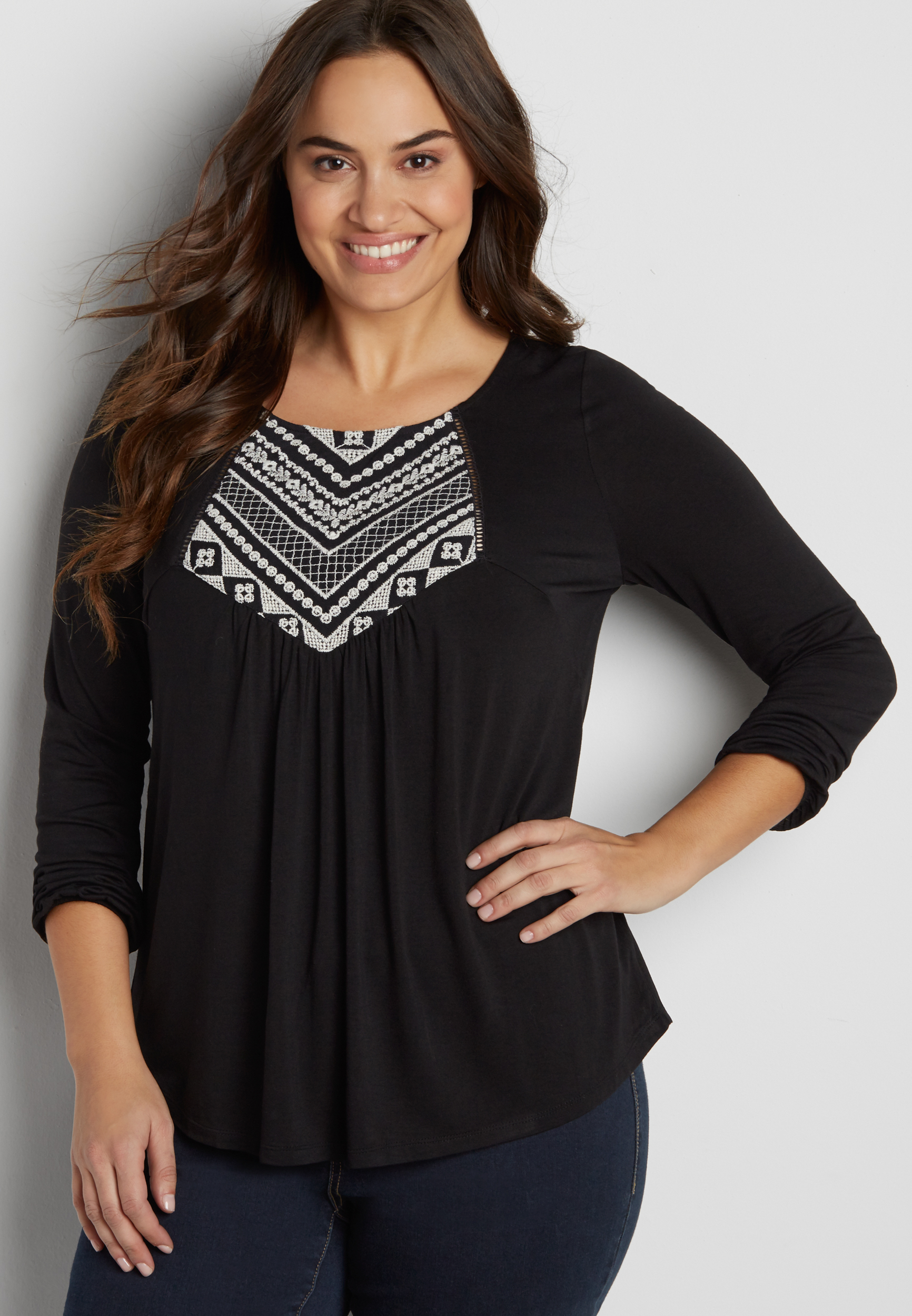 plus size tee with embroidered mesh overlay and peek-a-boo back | maurices