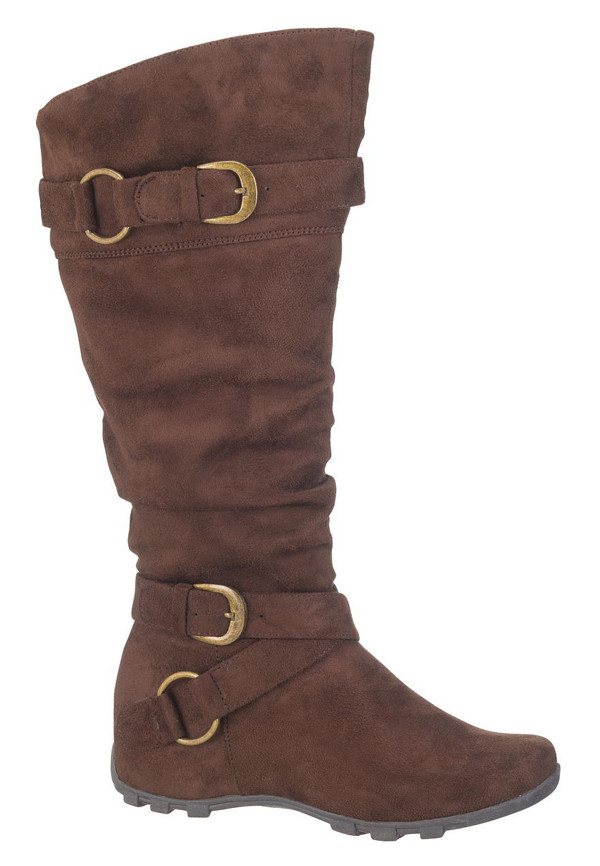 wanda wide calf scrunch boot with buckles in brown | maurices