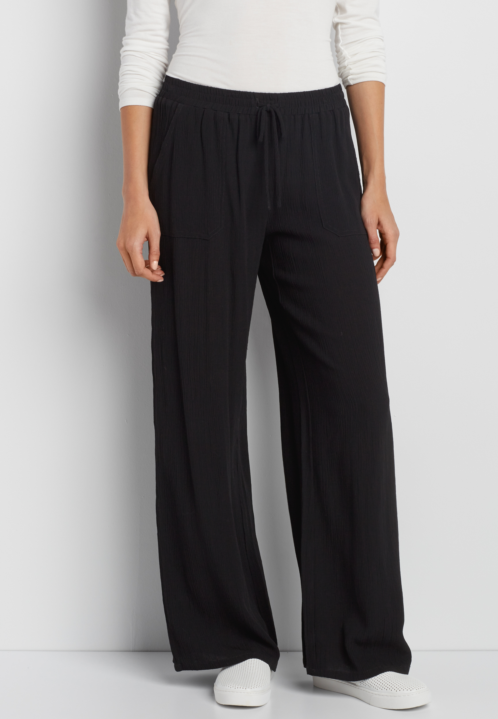 wide leg gauze pant in black maurices