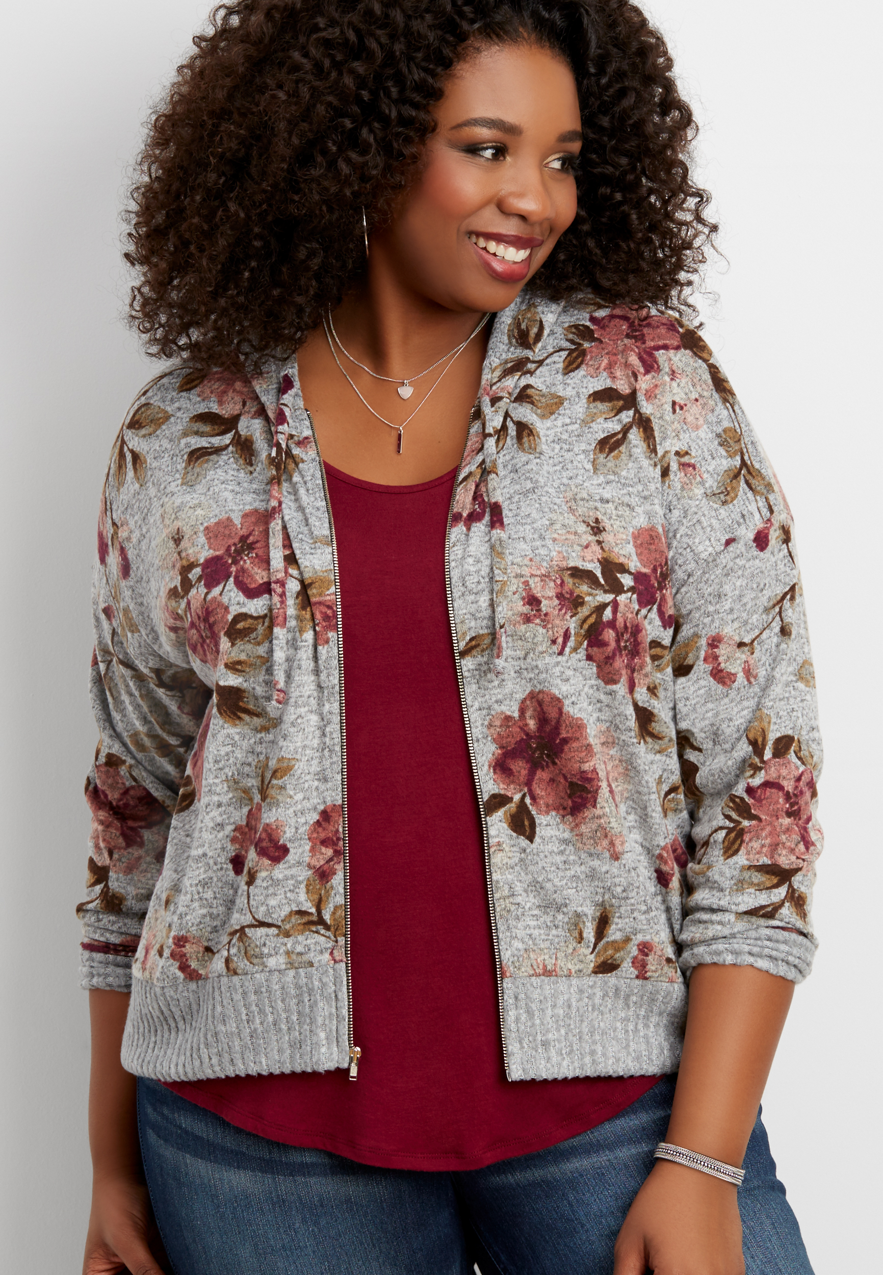 plus size zip front hoodie in floral print | maurices