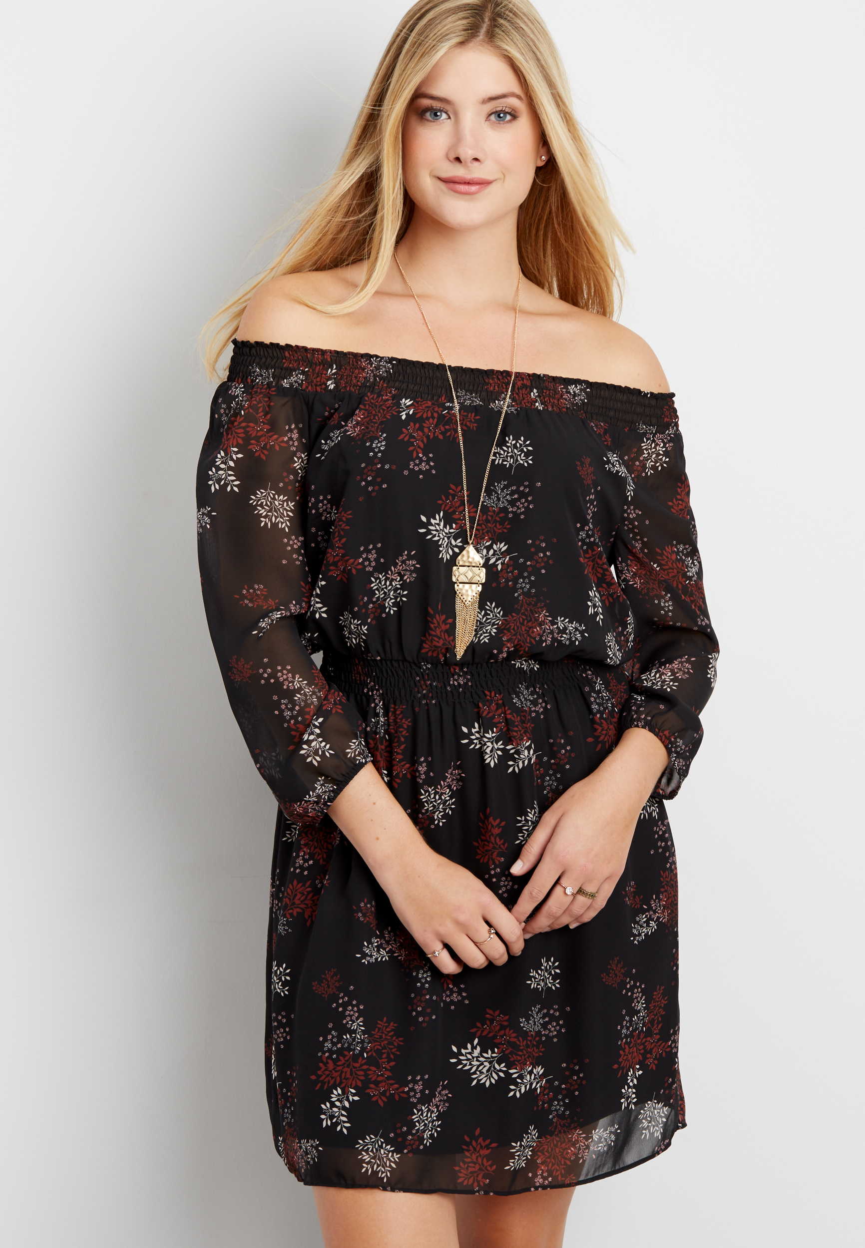 chiffon off the shoulder dress in floral branch print | maurices