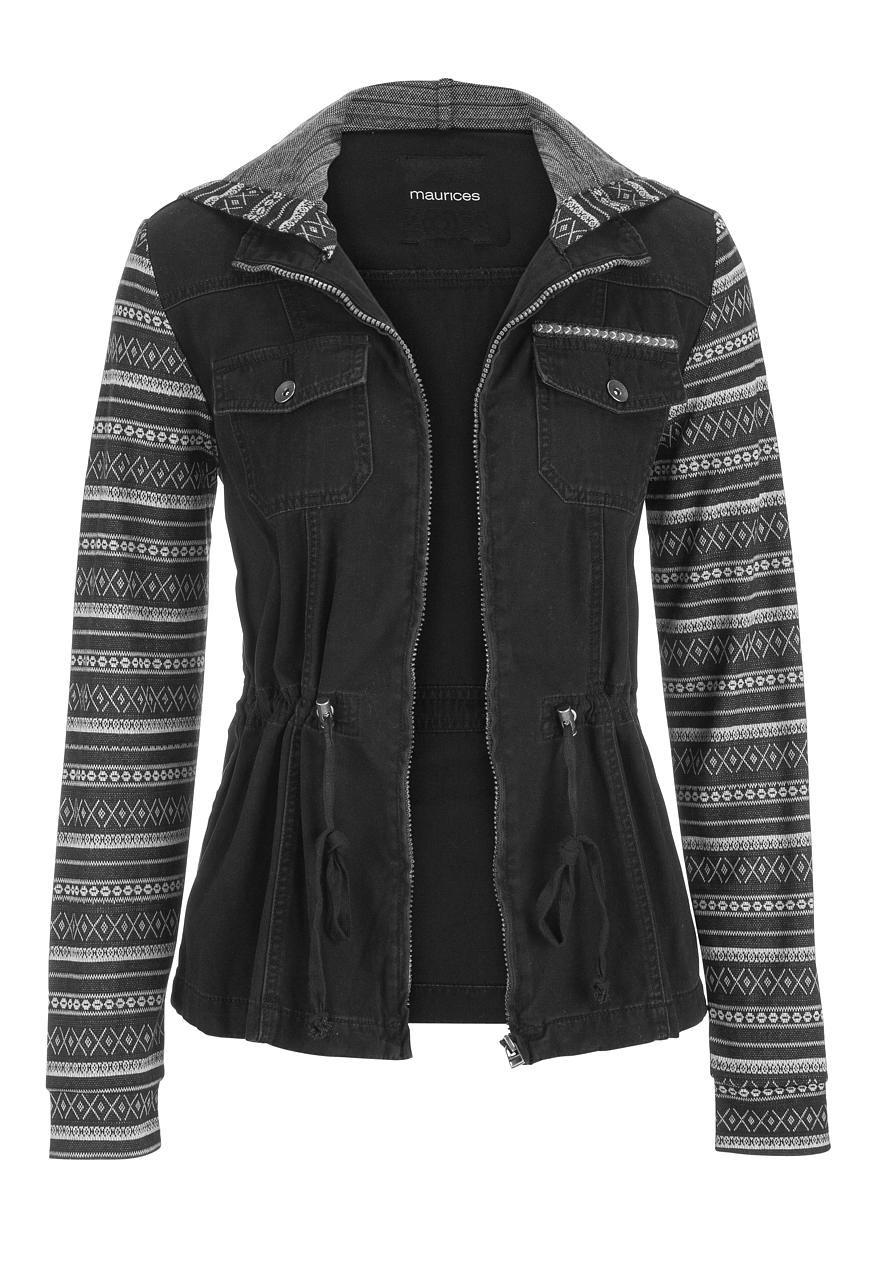jacket with ethnic patterned knit hood and sleeves maurices
