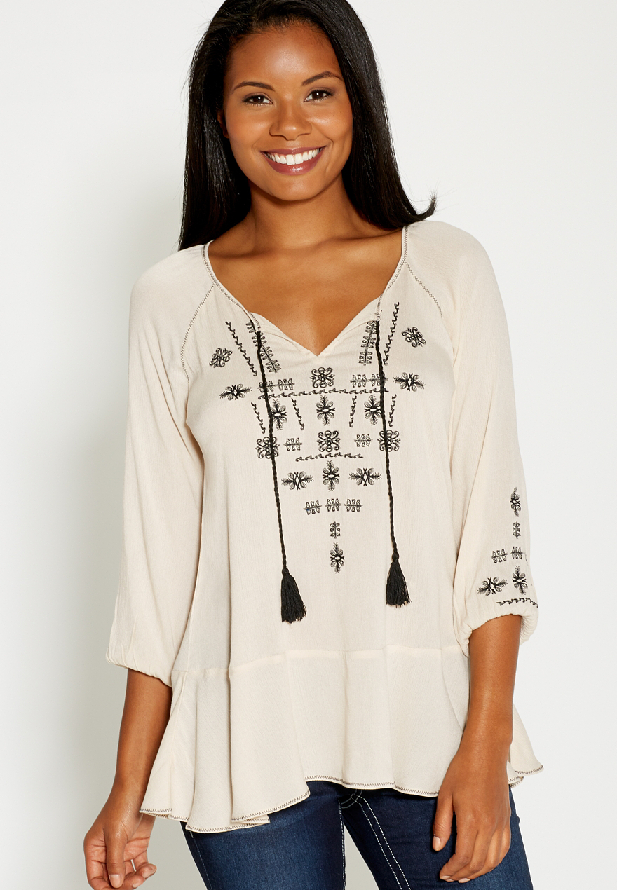 boho peasant top with embroidery | maurices