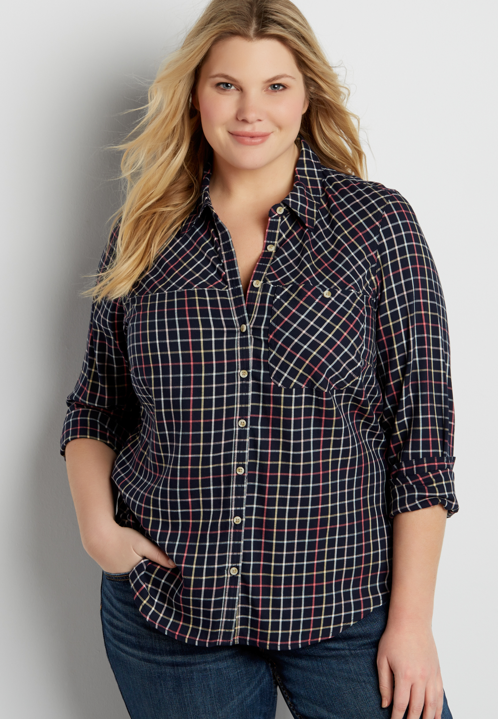 plus size button down tattersall plaid shirt | maurices