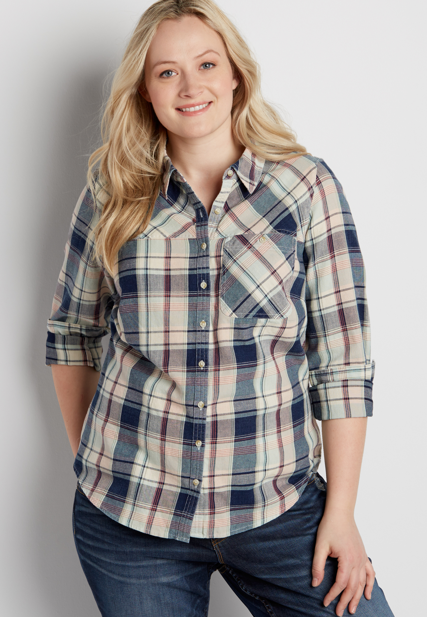 plus size plaid button down shirt