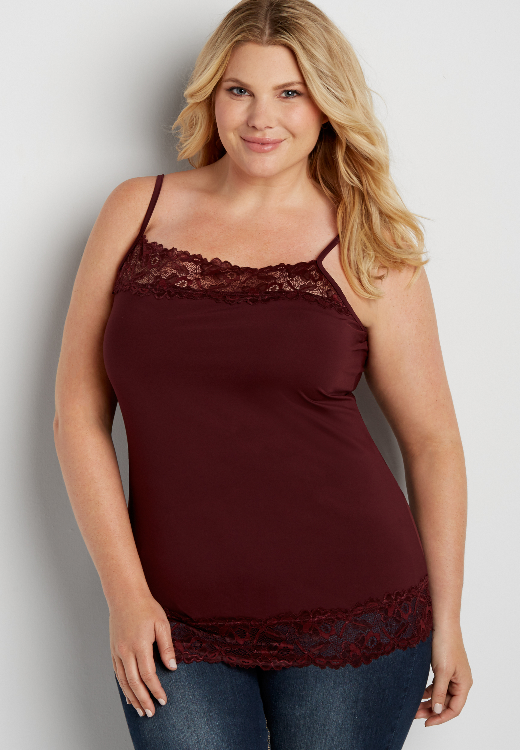 plus size lace trim cami in mulberry red | maurices