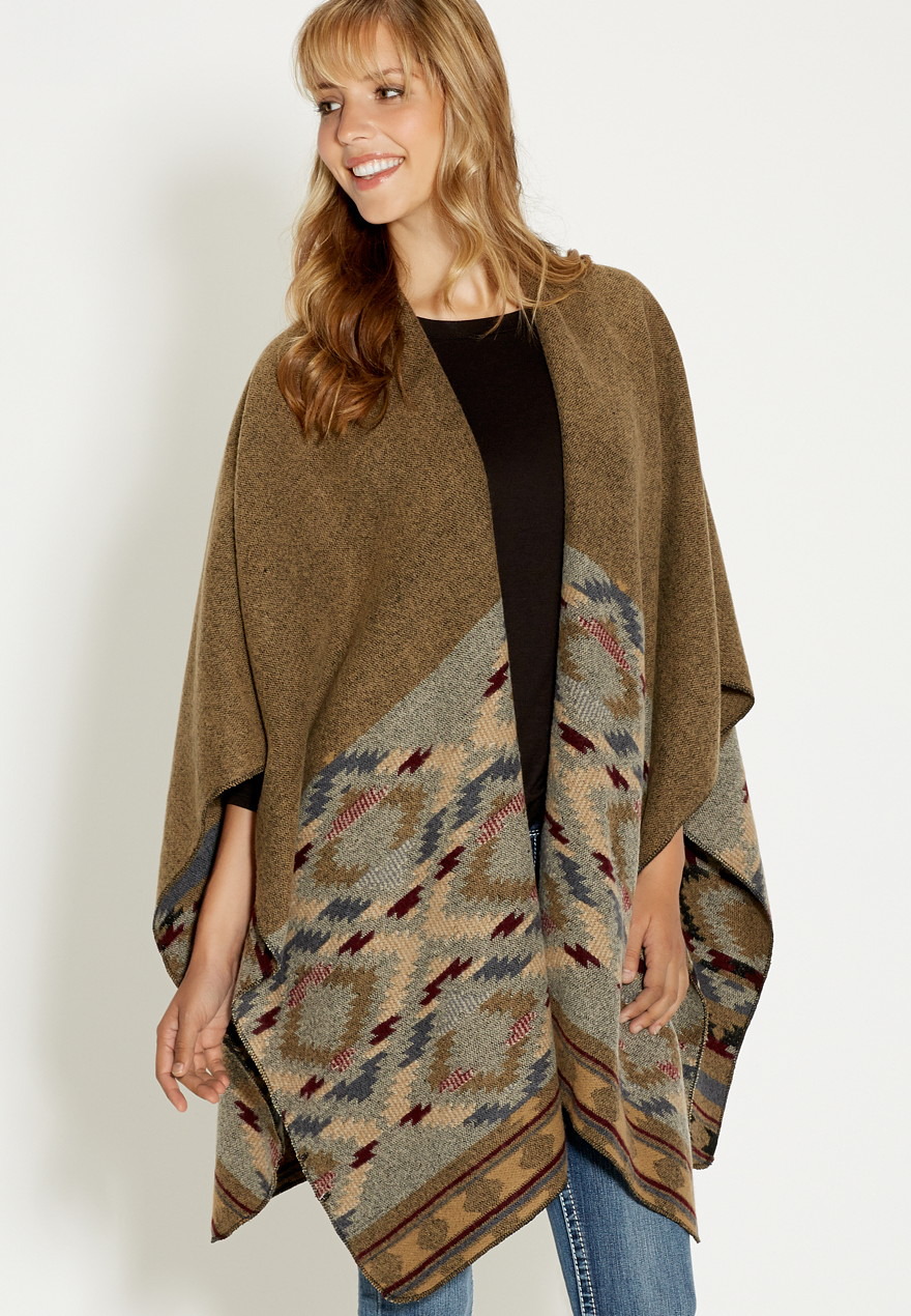 ruana wrap in neutral ethnic print | maurices