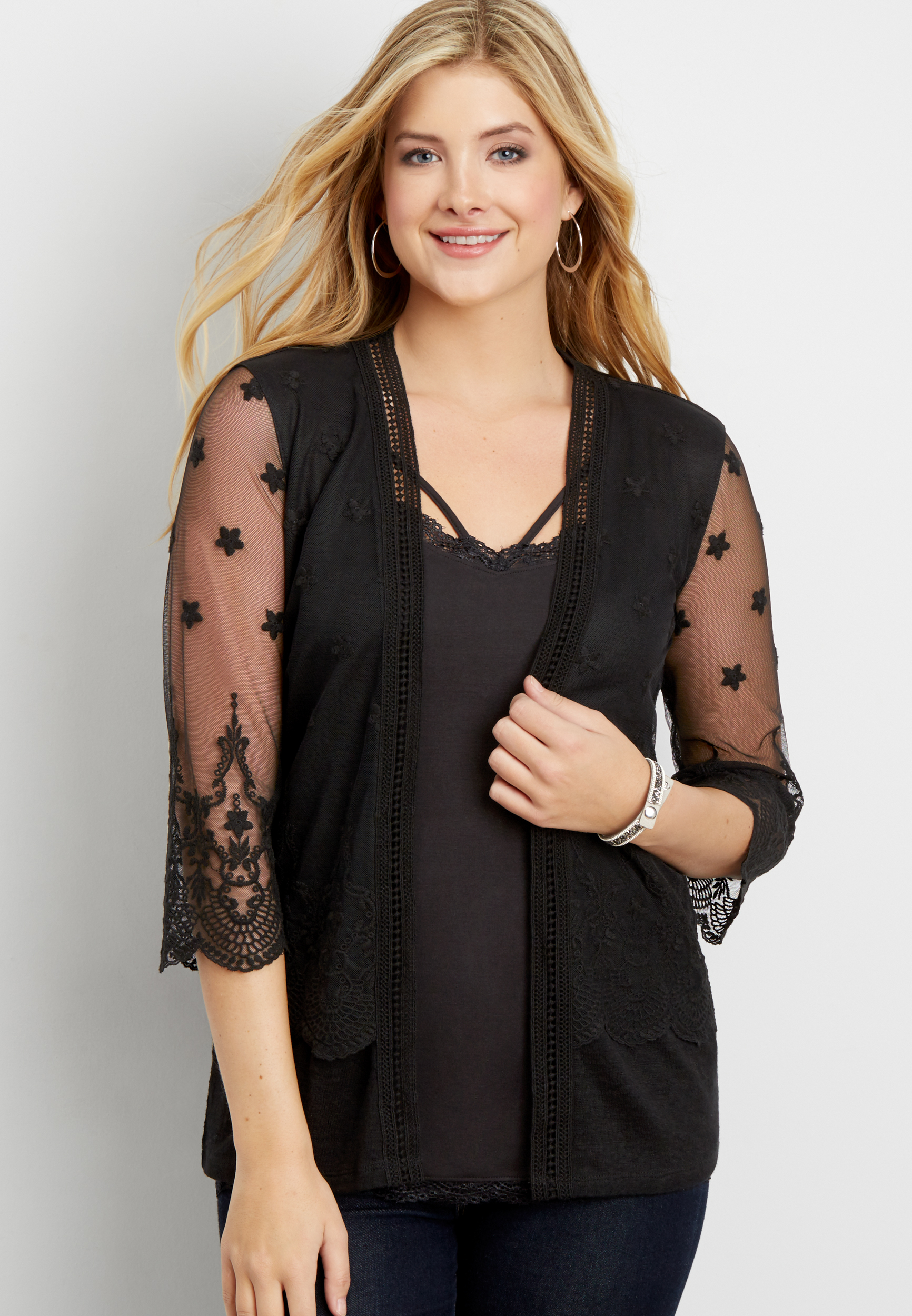 lightweight cardigan with embroidered mesh lace | maurices