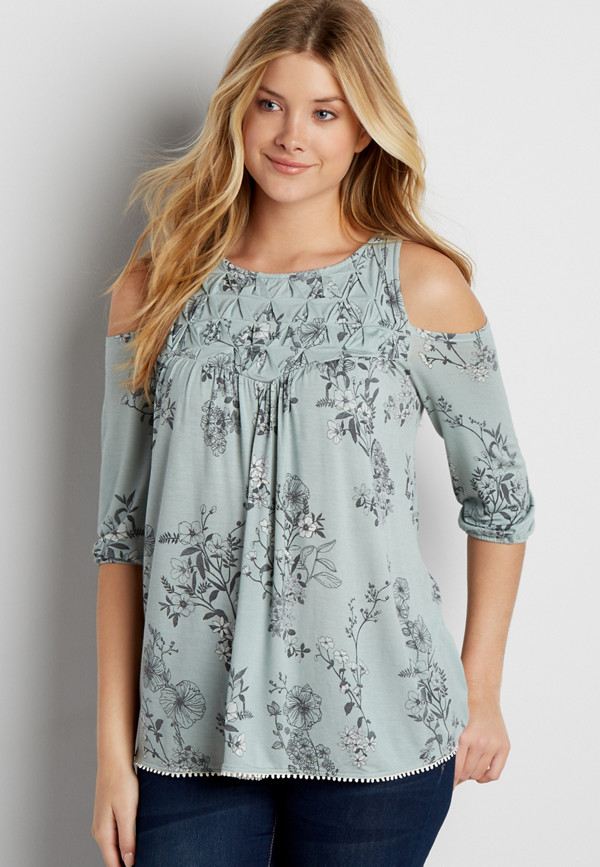 cold shoulder top with diamond pleated yoke in floral print | maurices