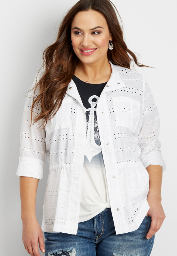 plus size eyelet jacket with cinch waist | maurices