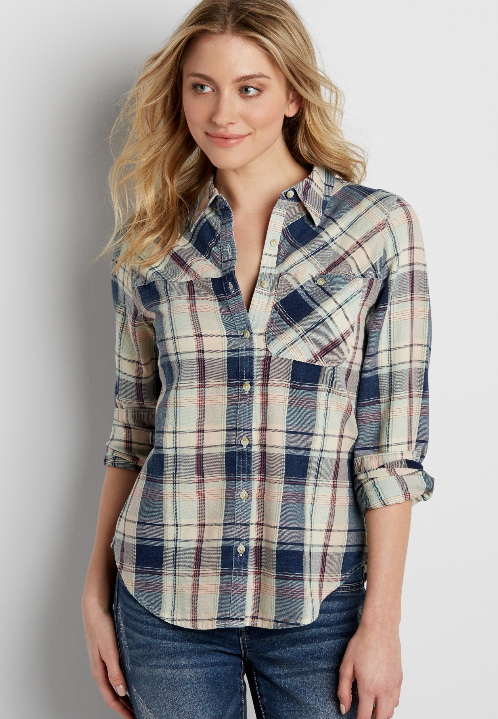 button down blue plaid shirt | maurices