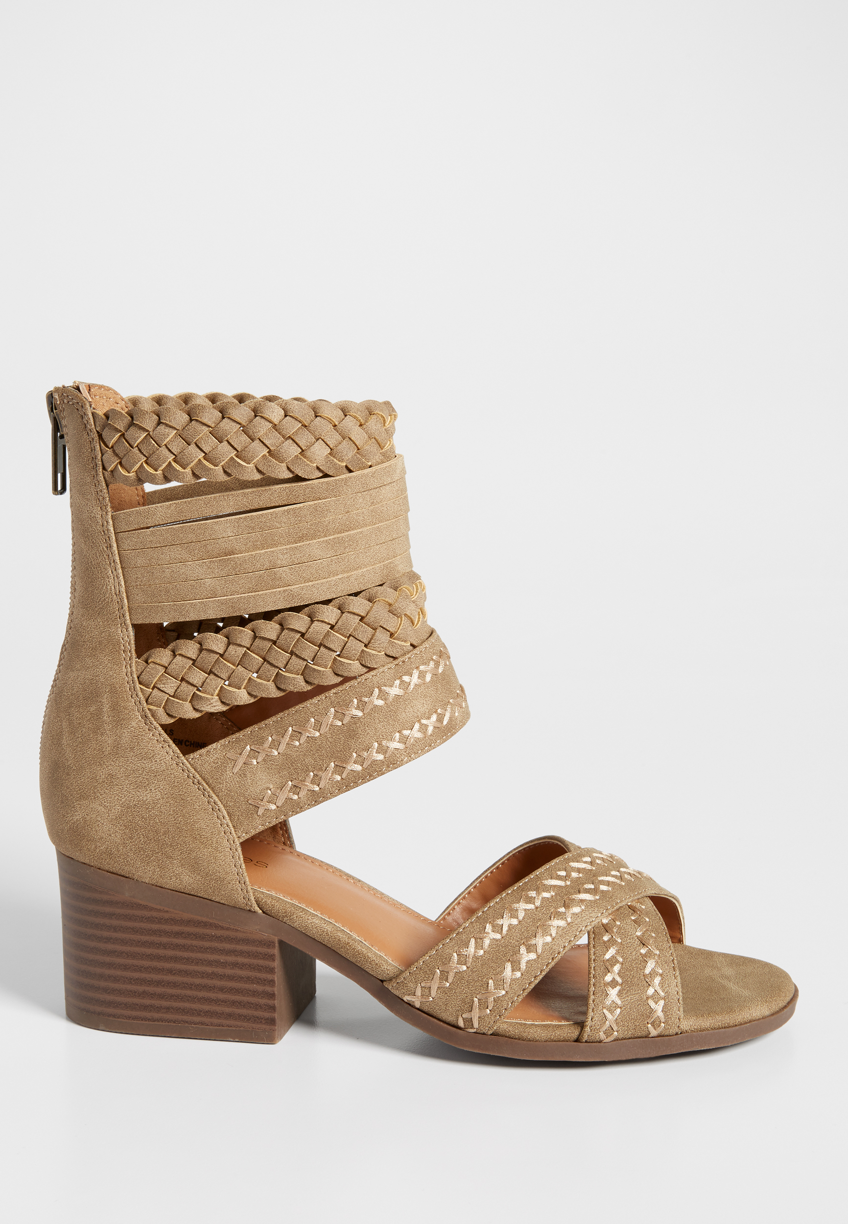 Erin faux leather heel with woven and cross stitched straps | maurices