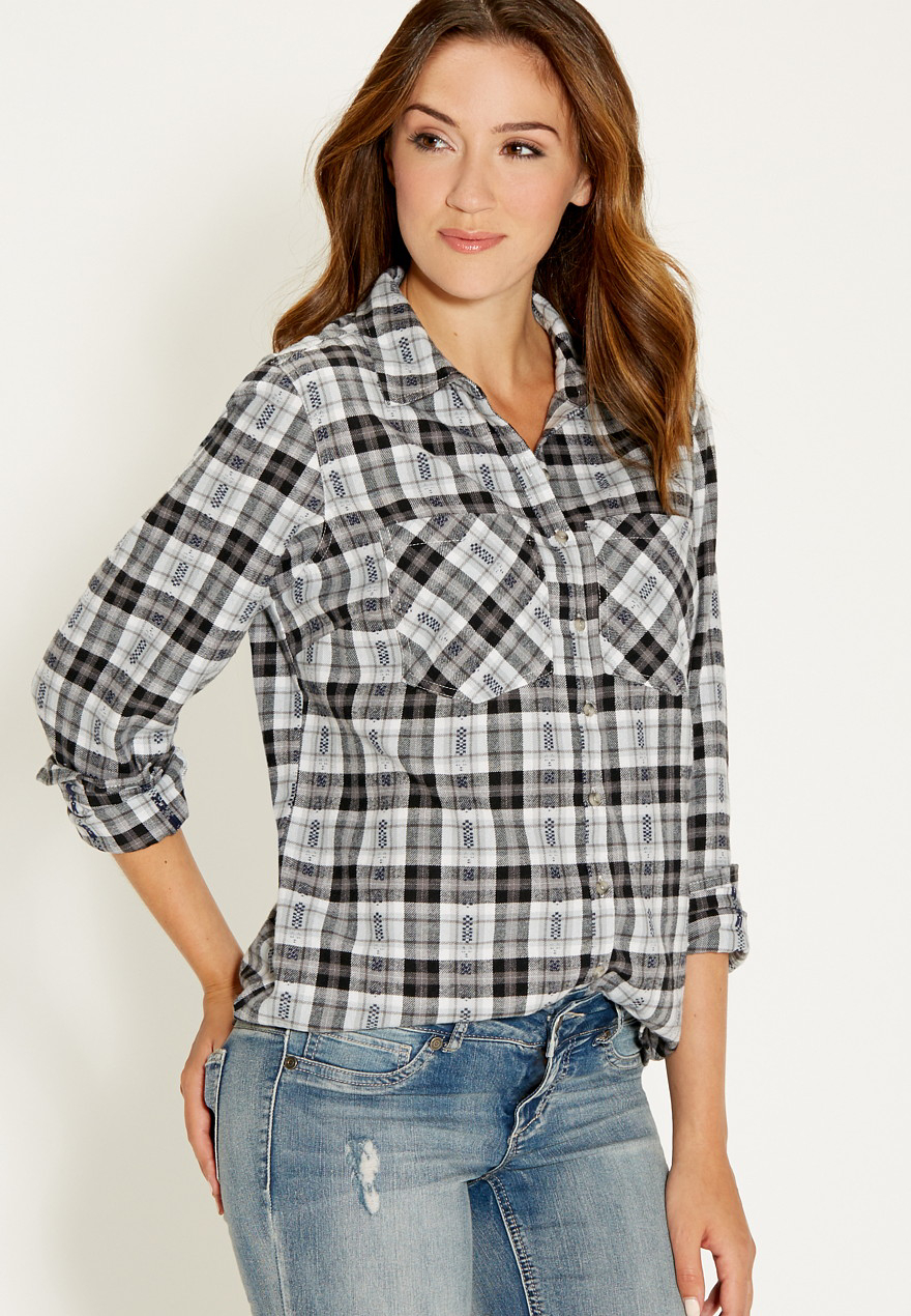 button down plaid shirt with patterned detail | maurices
