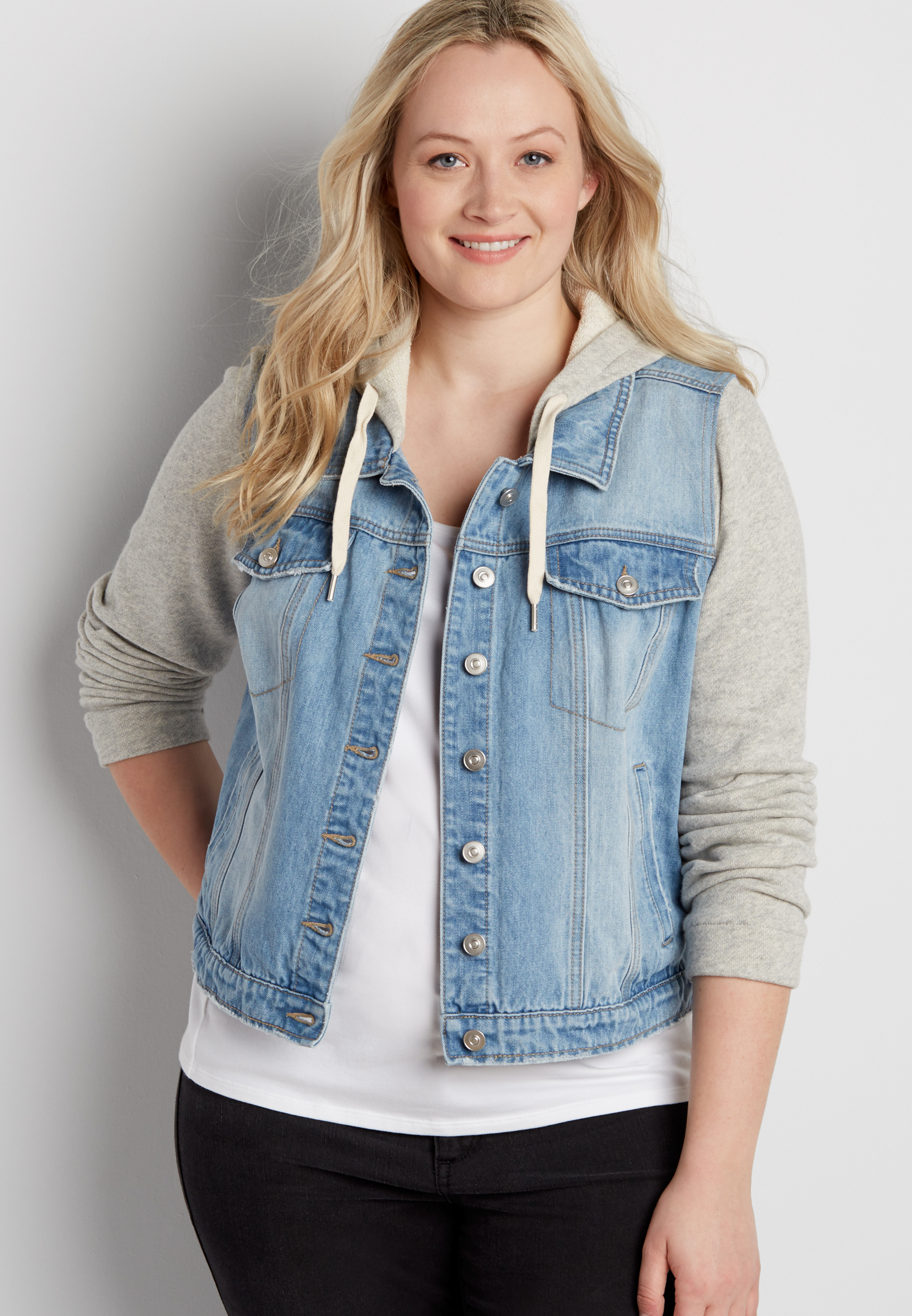 plus size french terry denim jacket with hood in light wash | maurices