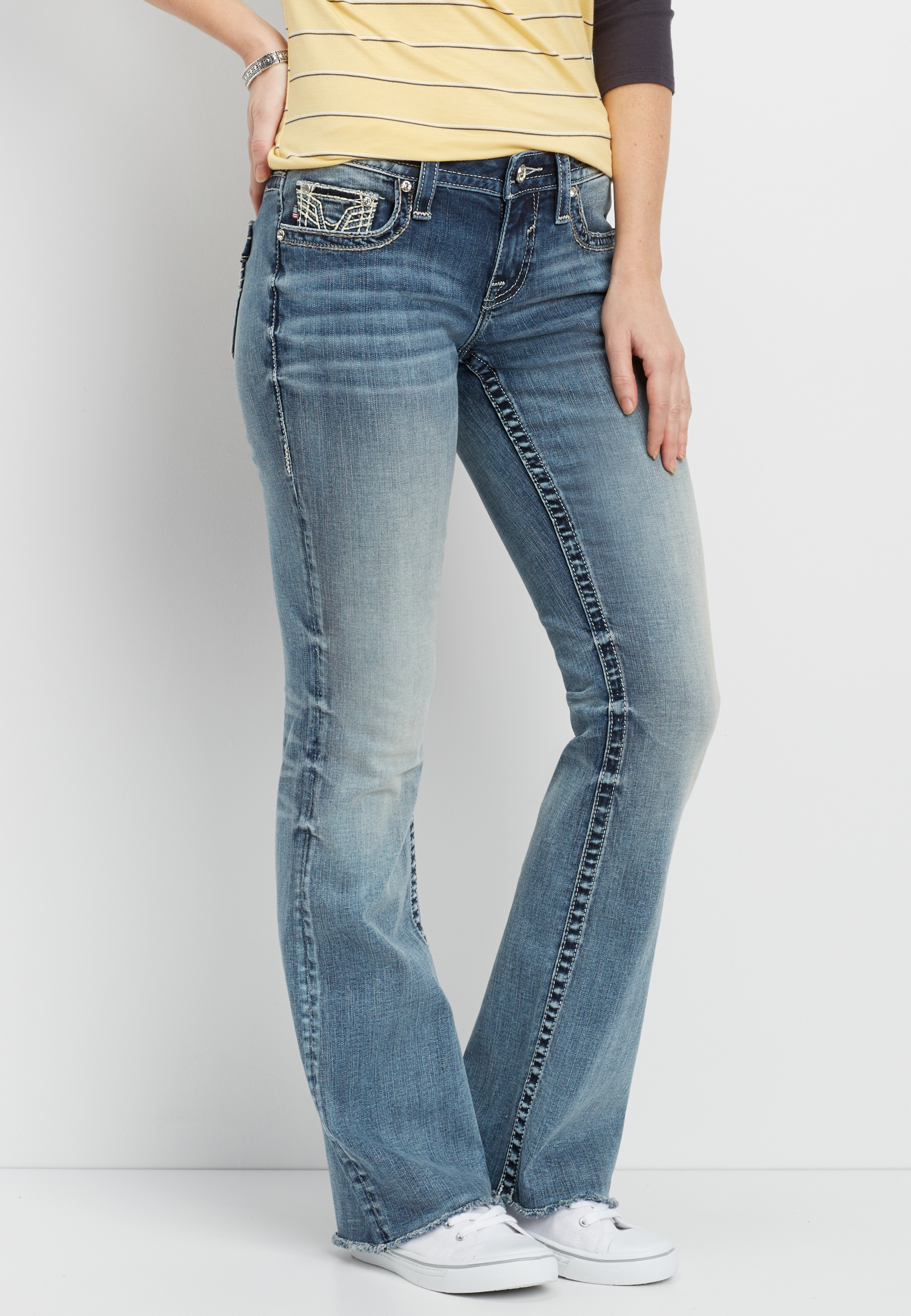 Vigoss® medium wash bootcut jeans with rhinestones and frayed hem ...