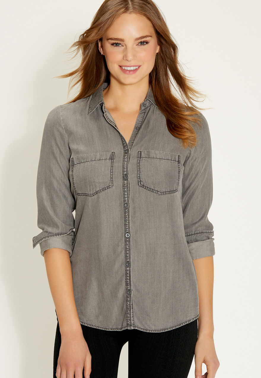 chambray button down tunic top in gray | maurices