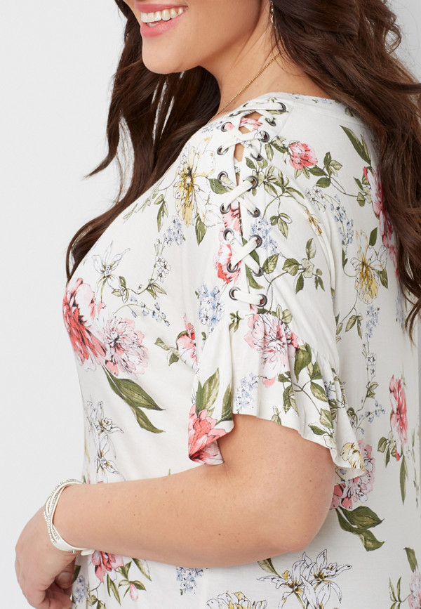 plus size floral top with lace up ruffle sleeves | maurices