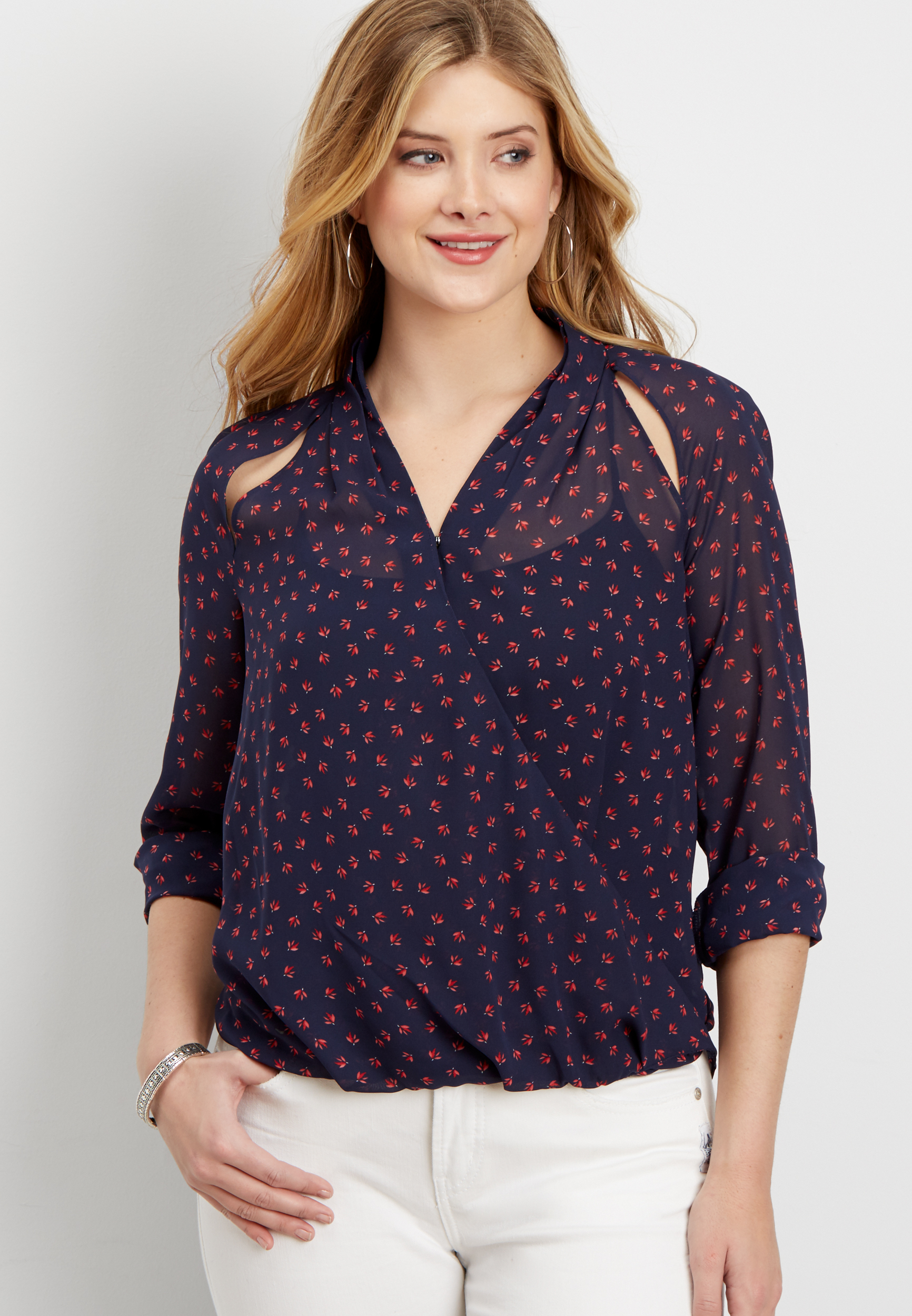 the perfect wrap front blouse with slit shoulders | maurices