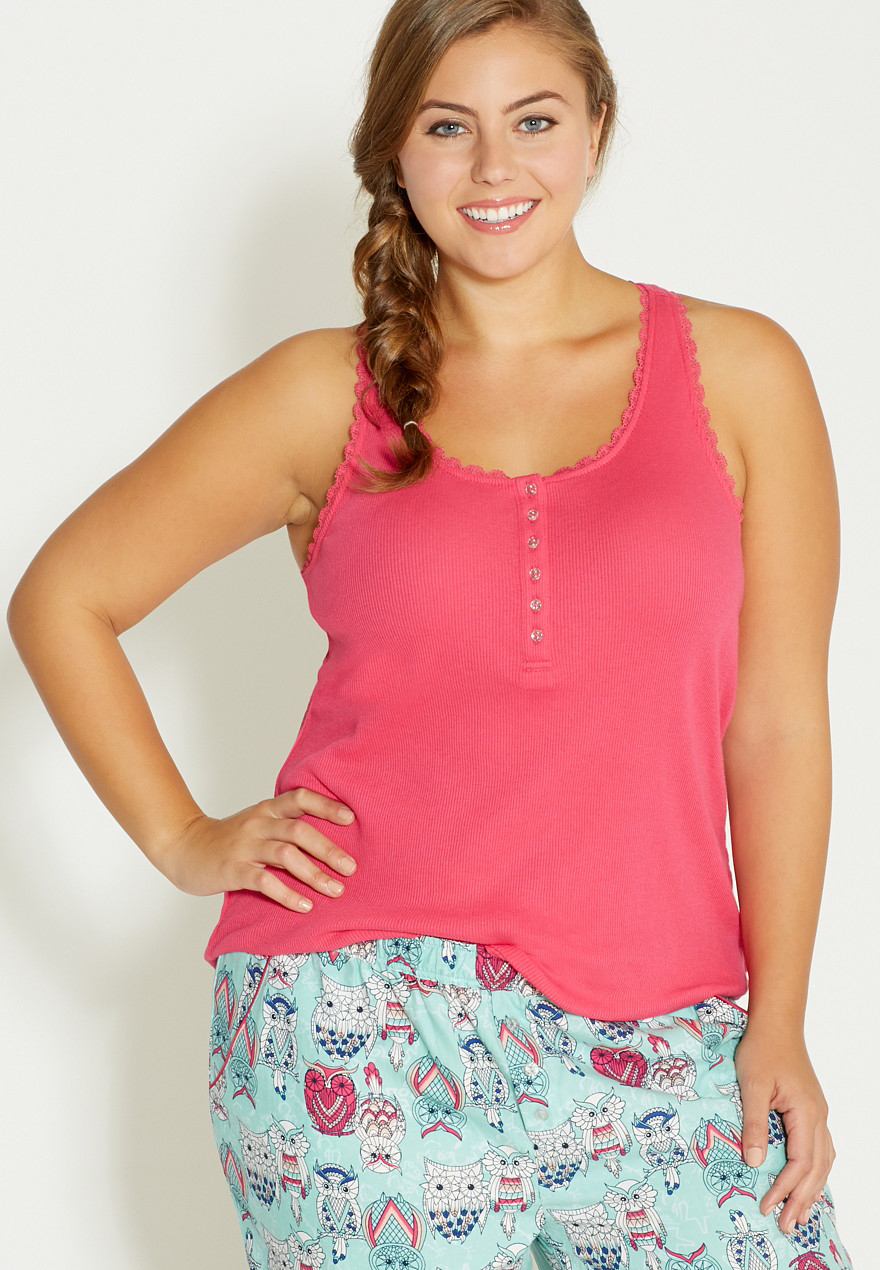 Plus Size Ribbed Henley Tank With Lace Trim In Pink Maurices 