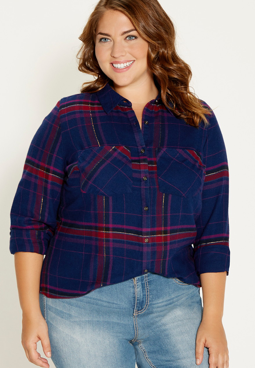 plus size button down plaid shirt with goldtone metallic shimmer | maurices