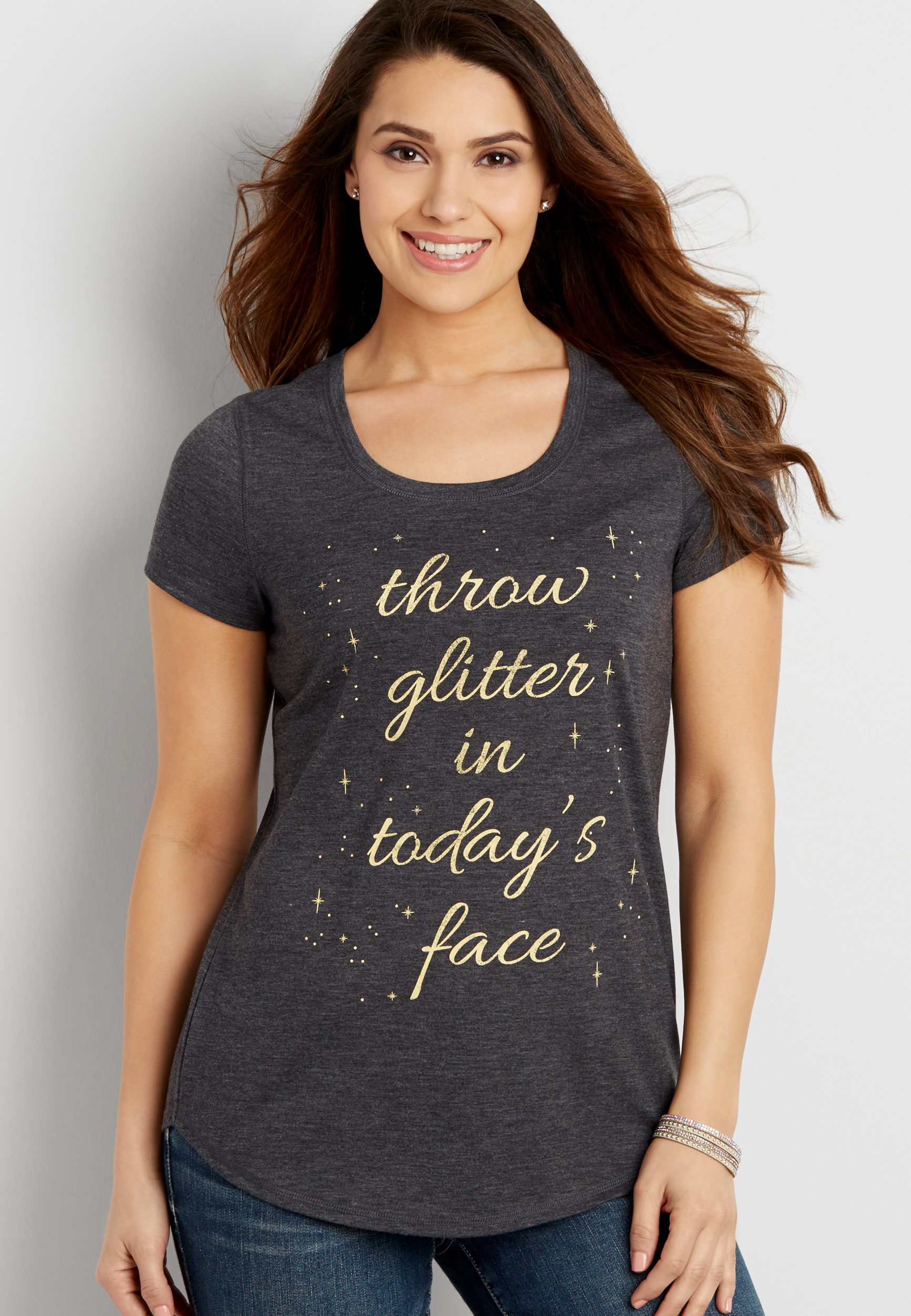 heathered tee with throw glitter in today's face graphic | maurices