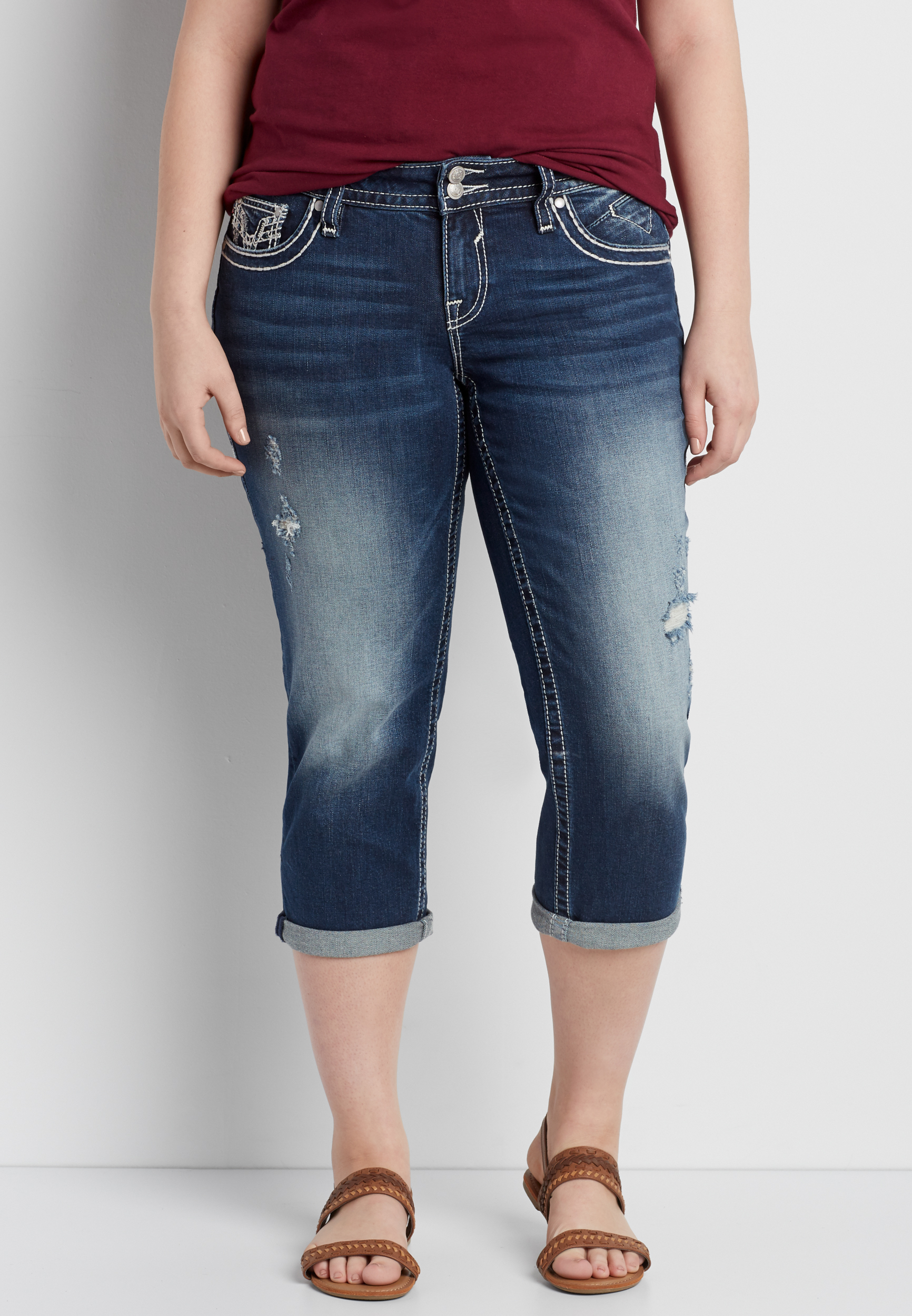 Vigoss® plus size dark wash capri with destruction maurices