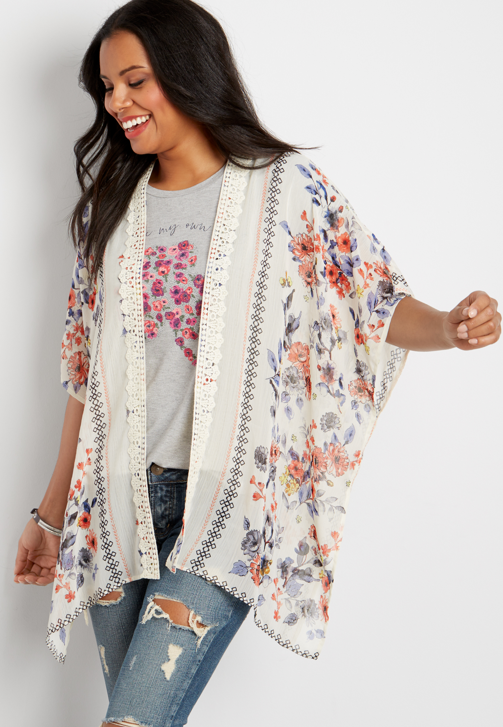 crocheted trim floral kimono | maurices