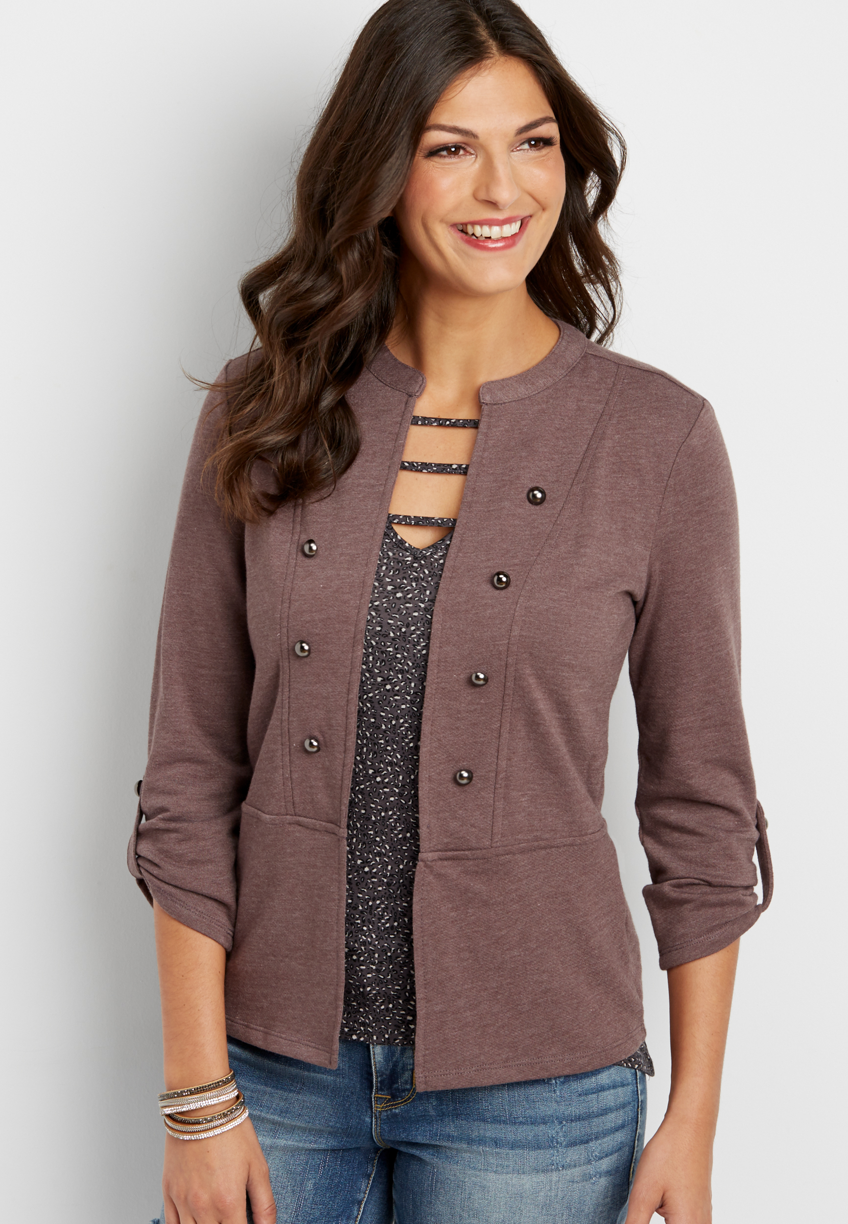 heathered french terry military style cardigan maurices